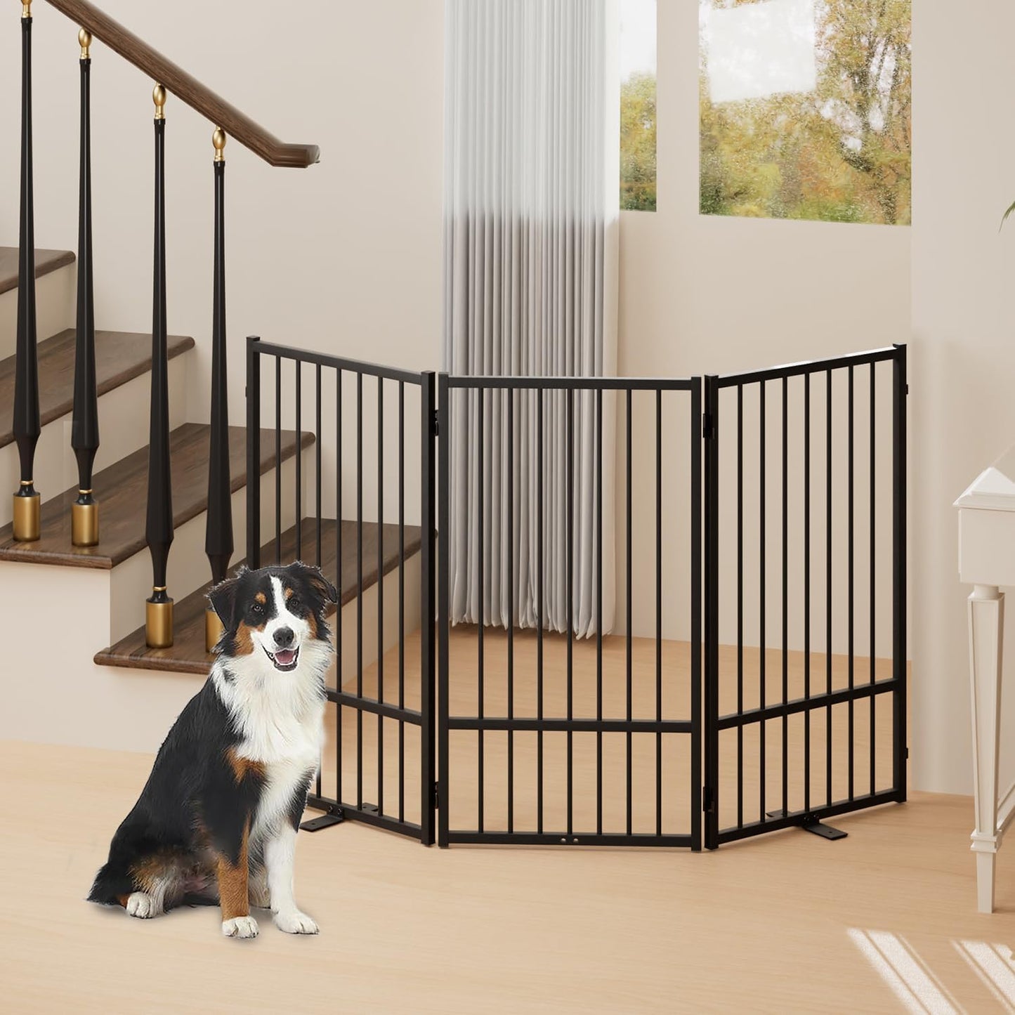 Full Metal Freestanding Dog Gate with Door, 36''Height Foldable Pet Dog Fence for Indoor & Outdoor, 3 Panels Extra Wide Free Standing TallDog Gates for Doorways,House,Stairs,Porch,Deck,Yard