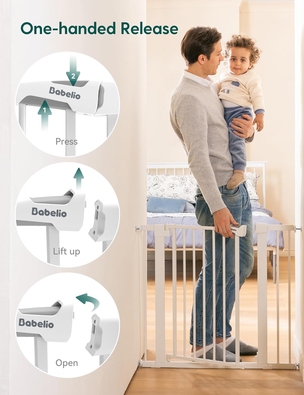 Babelio Metal Baby Gate, 29-43" Auto Close Easy Install Pet Gate, Extra Wide Walk Thru Child Safety Gate, 30" Tall Pressure Mounted Dog Gate for Doorways & Stairs, White