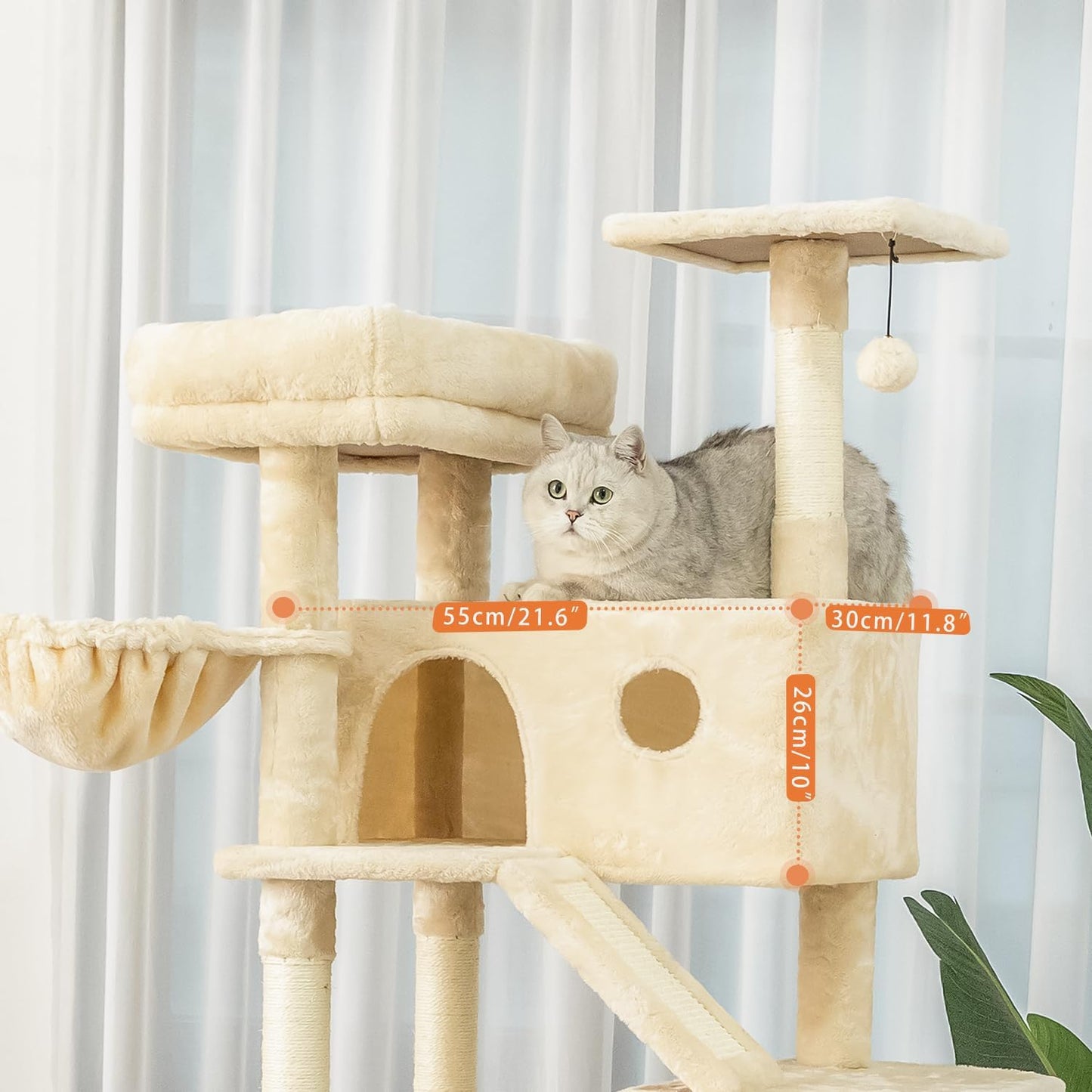 73 inches Large Cat Tree for Indoor Cats, Tall Cat Tower with Sisal Scratching Posts and Pads, Padded Plush Perch, Cozy Basket, Plush Condo for Large Cats (Beige)