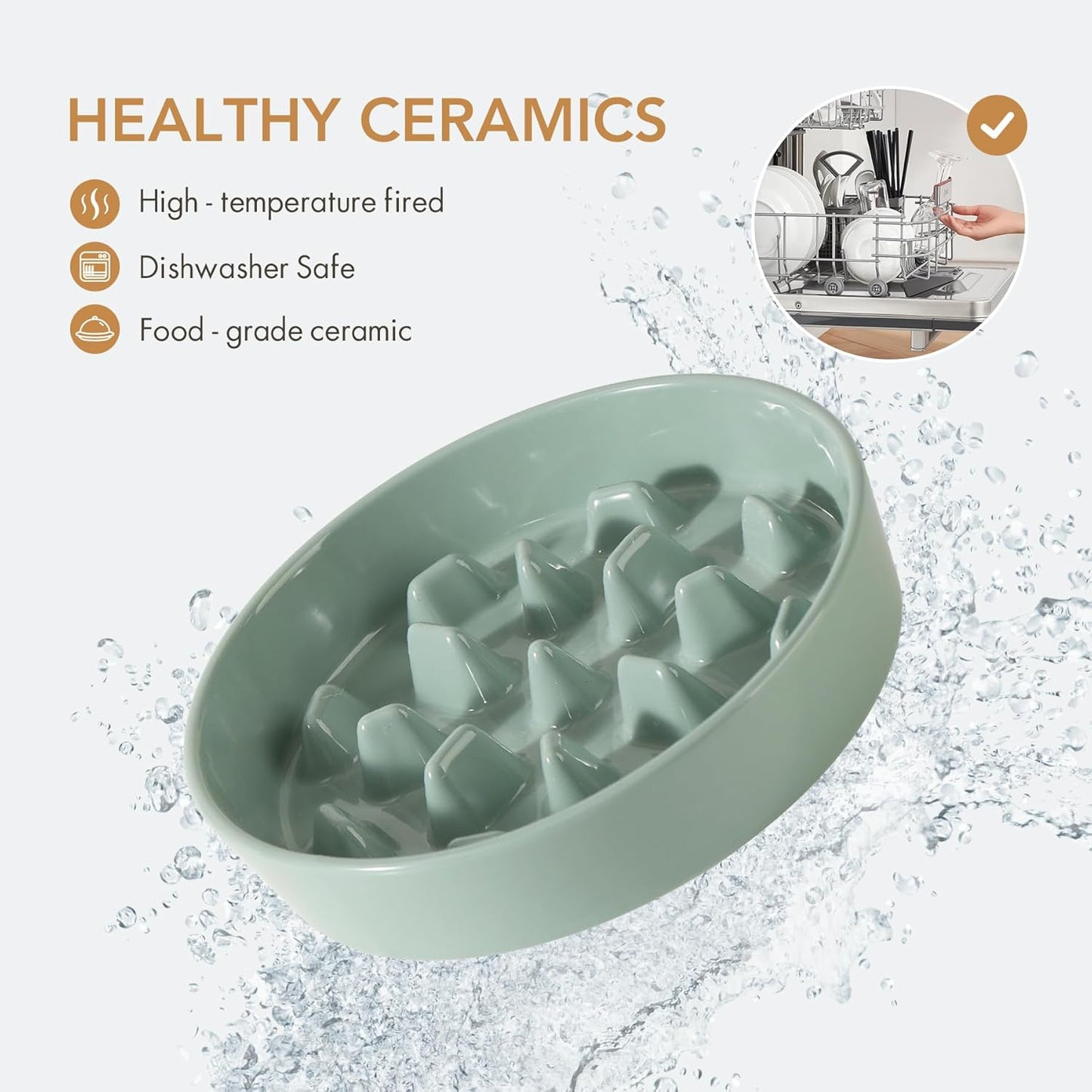 9.5inch Ceramic Dog Raised Slow Feeder Set, Elevated Bowl with Wooden Stand for Large Dog, Slow Feeder Dish for Fast Easters, Stop Bloat(Light Green, Single Bowl+ Stand)