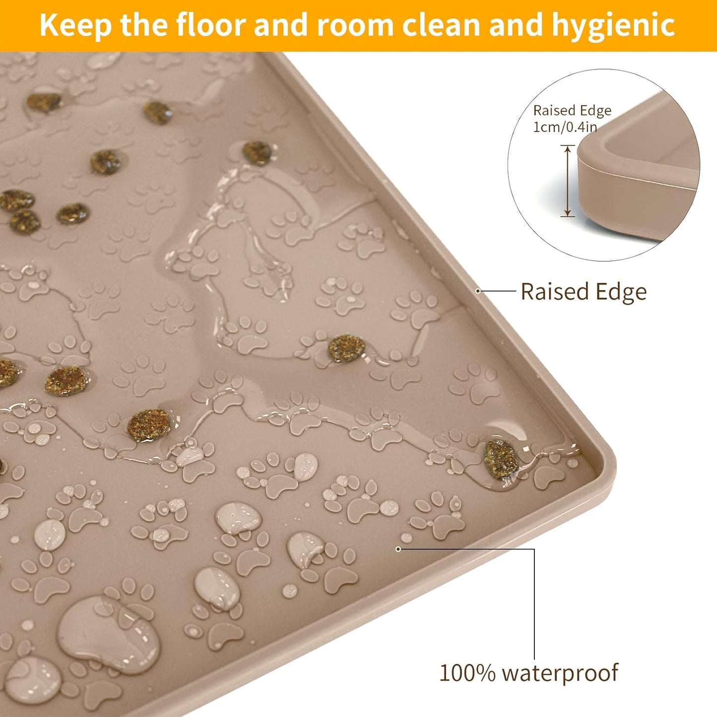 Ptlom Dog Food Mat Anti-Slip Bowl Mats for Food and Water, Waterproof Silicone Pet Placemat with High Raised Edges, Non-Slip Puppy Feeding Tray for Small, Medium Large Cats Dogs, Taupe, 11.8"x11.8"