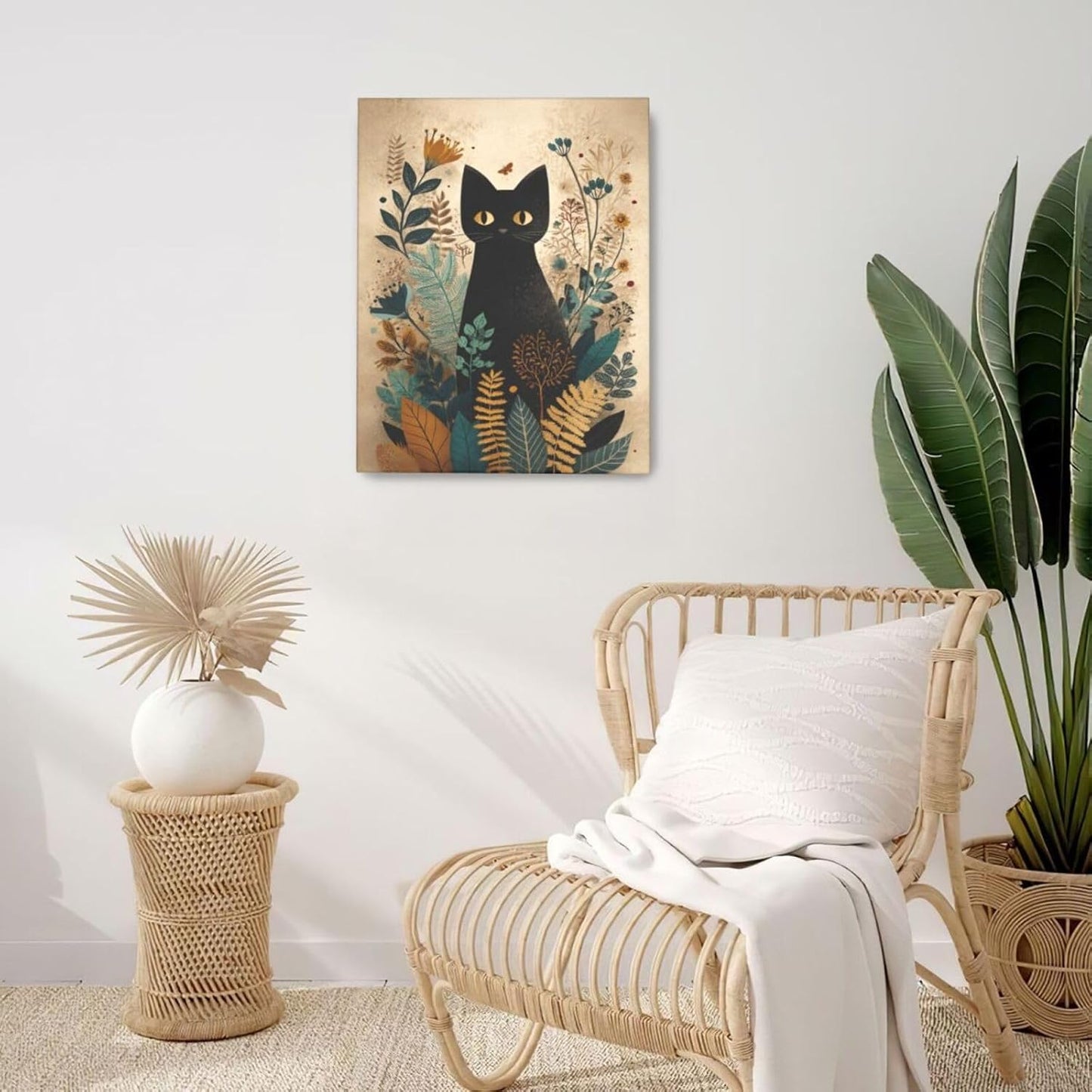 Boho Black Cat Wall Art Kitten Botanical Wall Decor Mid Century Modern Canvas Painting Print Minimalist Pictures Artwork Framed Decorations Gifts for Cat Lover Bathroom Nursery Living Room Bedroom Kitchen 16"x20"