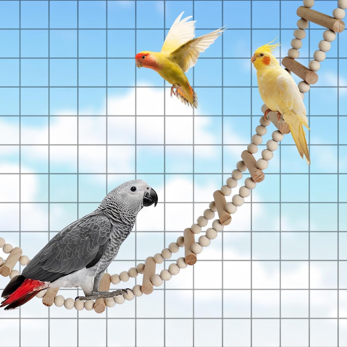 Long Bird Ladder with Wooden Rungs and Beads, Parakeet Climbing Swing Toys, Bird Cage Accessories, Wooden Climbing Bridge Toys for Parrots, Rat, Sugar Gliders, Squirrels, Snakes