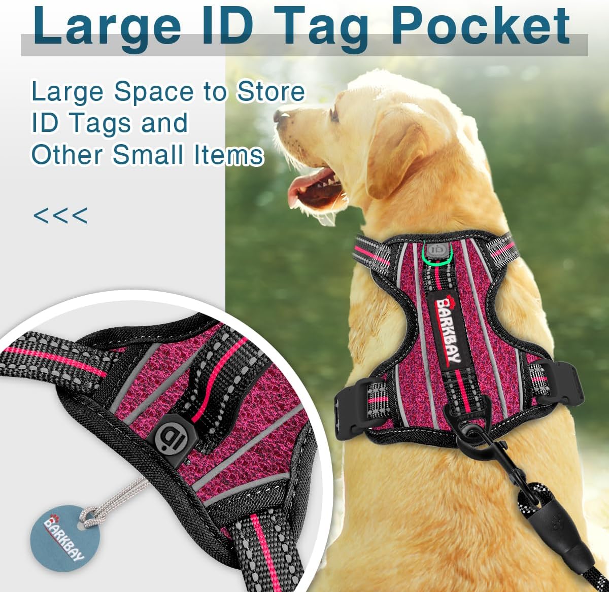 BARKBAY Dog Harness No Pull with ID Tag Pocket - Heavy Duty, Reflective, Easy Control for Large Dogs(Pink/Black,XL)