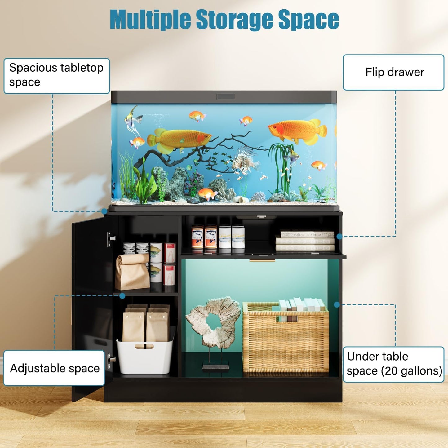 Heavy-Duty 40 Gallon Aquarium Stand, Modern Dual Tank Cabinet with Hidden Cord Organizer & 550lbs Capacity, 30-50 Gallon Fish Tank Stand, Waterproof and Adjustable Shelf, Black