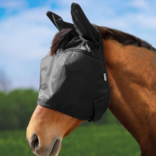 Harrison Howard UV-proof Multi-Function Fabrics Thick Fleece Padding Horse Fly Mask Half Face with Ears Black Yearling Small