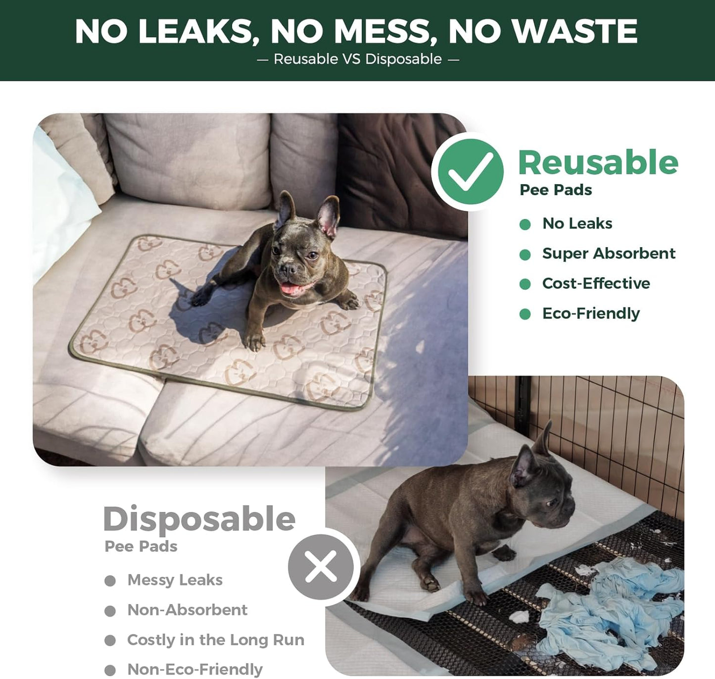 FXW Washable Pee Pads for Dogs, Puppy Pads with Super Absorbent, Specifically Designed for Potty Training, 70" × 30" Rectangle, Khaki, 2 Packs