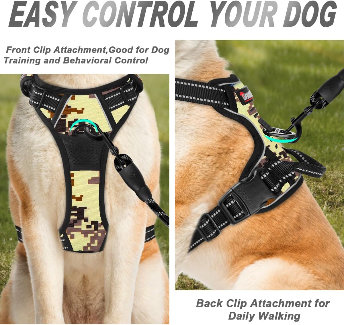 BARKBAY No Pull Dog Harness Front Clip Heavy Duty Reflective Easy Control Handle for Large Dog Walking(Desert camo,L)