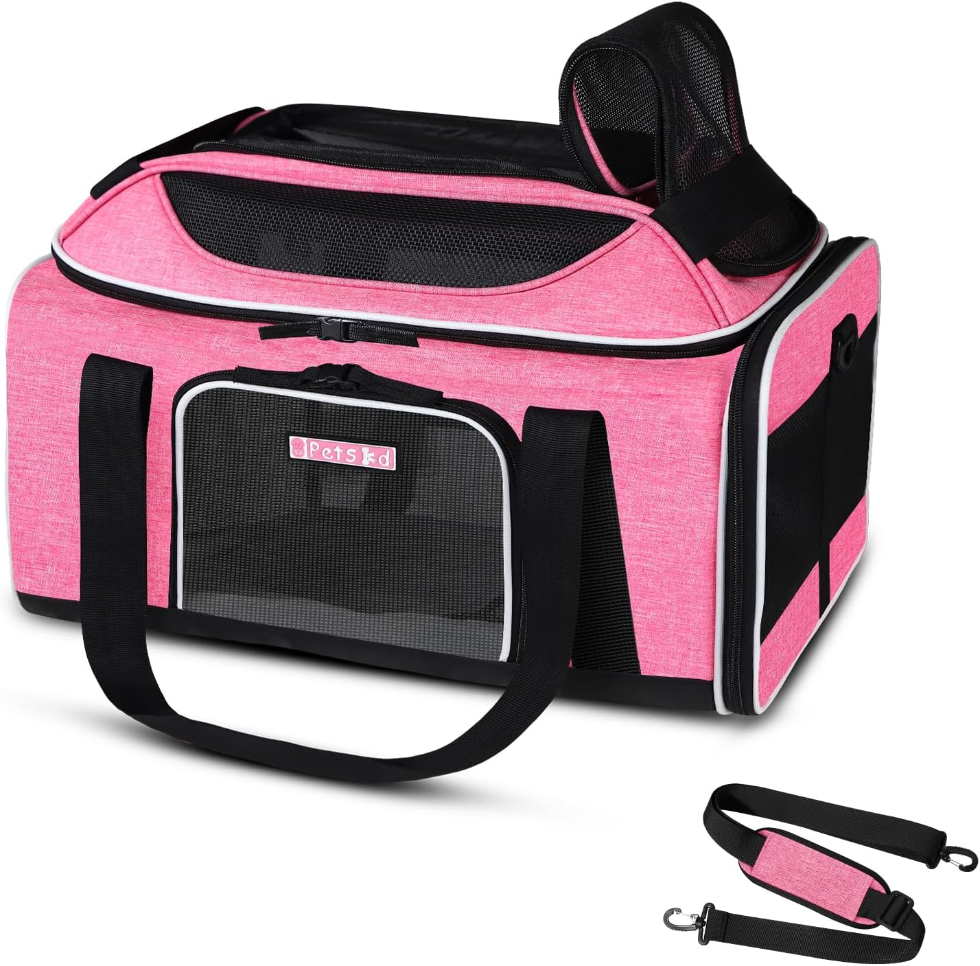 Petskd Top-Expandable Pet Carrier 17x12x8.5 Inches JetBlue Allegiant Spirit Airline Approved, Soft-Sided Carrier for Small Cats and Dogs with Locking Safety Zippers and Anti-Scratch Mesh(Pink)