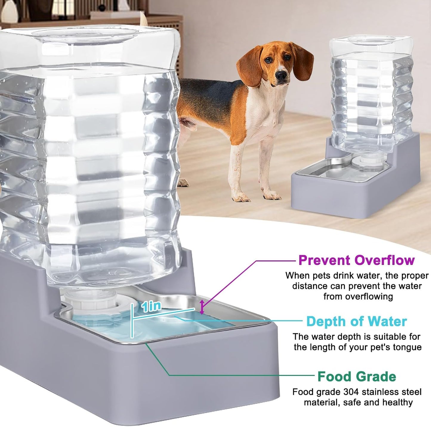 Automatic Pet Water Dispenser: 8L Light Gray Gravity Feeder with Stainless Steel Bowl - BPA-Free for Dogs Cats - No Spill Design