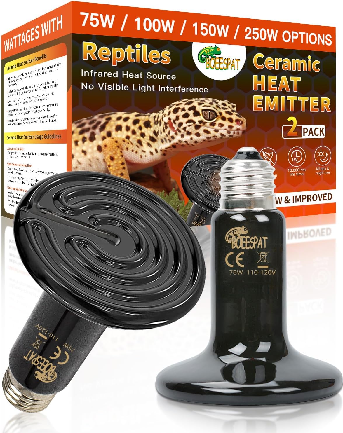 High Efficiency 75W Ceramic Heat Emitters, Pack of 2 Reptile Heat Lamp Bulbs for Bearded Dragon, Lizard, Iguana, Geckos & Small Pets Basking (Black, 75 Watts)