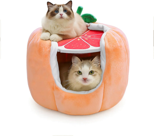 Cat Houses for Indoor Cats, Small Cat Tree with Sisal Ropes and Plush Perch, Cute Cat Bed Cave with Soft Pillow, Grapefruit Design