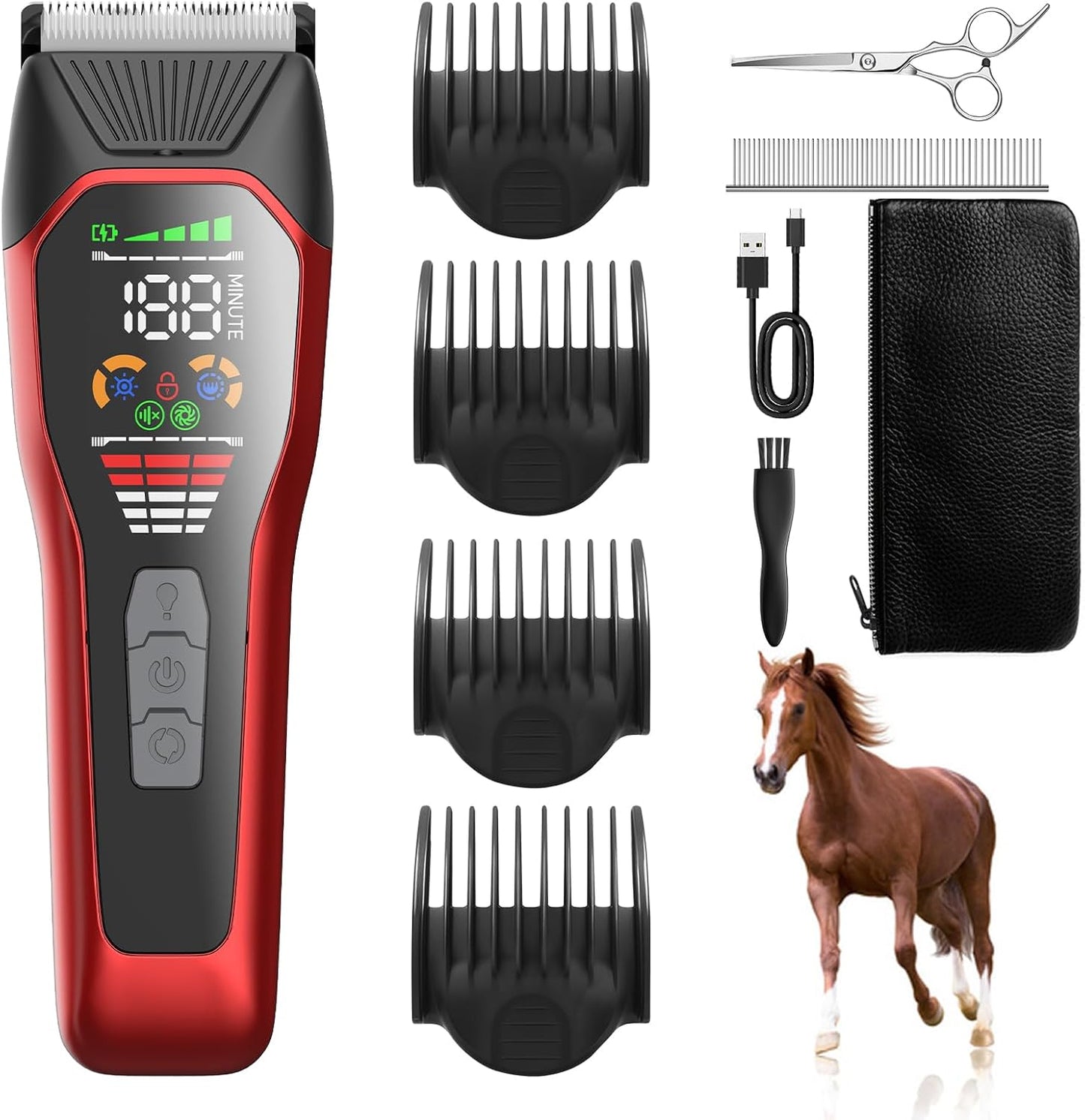 Horse Clippers Low Noise Rechargeble Horse Trimmer Kit, Pet Shaver for Heavy Thick Coats Grooming, 2-Speed Cordless Animal Shears for Horse, Sheep, Cats and Dogs