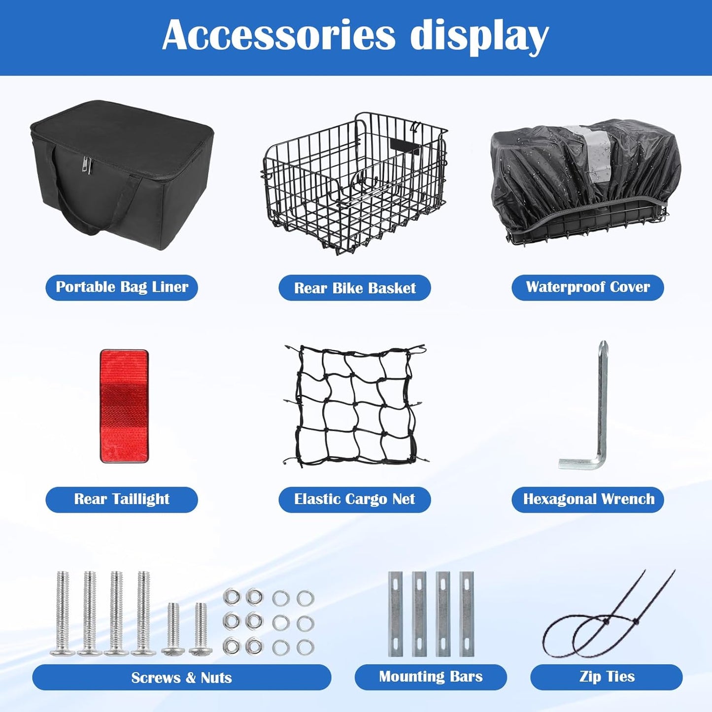 Bike Basket Rear, Folding Bicycle Basket with Removable Waterproof Liner Bag, Rear Bike Cargo Rack, Bike Accessories Frame Basket for Adult Women Men Carrying Dogs,Pet,Grocery,Quick Release Design