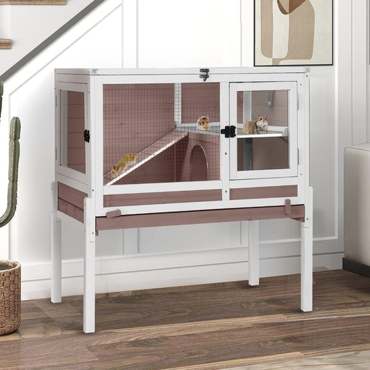 Guinea Pig Cage Indoor with Cool Zinc Plate Rabbit Hutch with Wheels and Removable Proof Tray Elevated Legs Hamster Cage with Chew-Resistant Metal Frame 36.6" L（Brown）