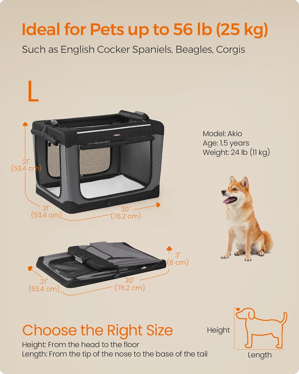 Feandrea Collapsible Dog Crate, 30-Inch Portable Dog Travel Crate for Medium Dogs, Oxford Fabric Pet Carrier with 4 Mesh Doors, Handles, Storage Pocket, Water Bottle Holder, Ink Black UPDC017B01