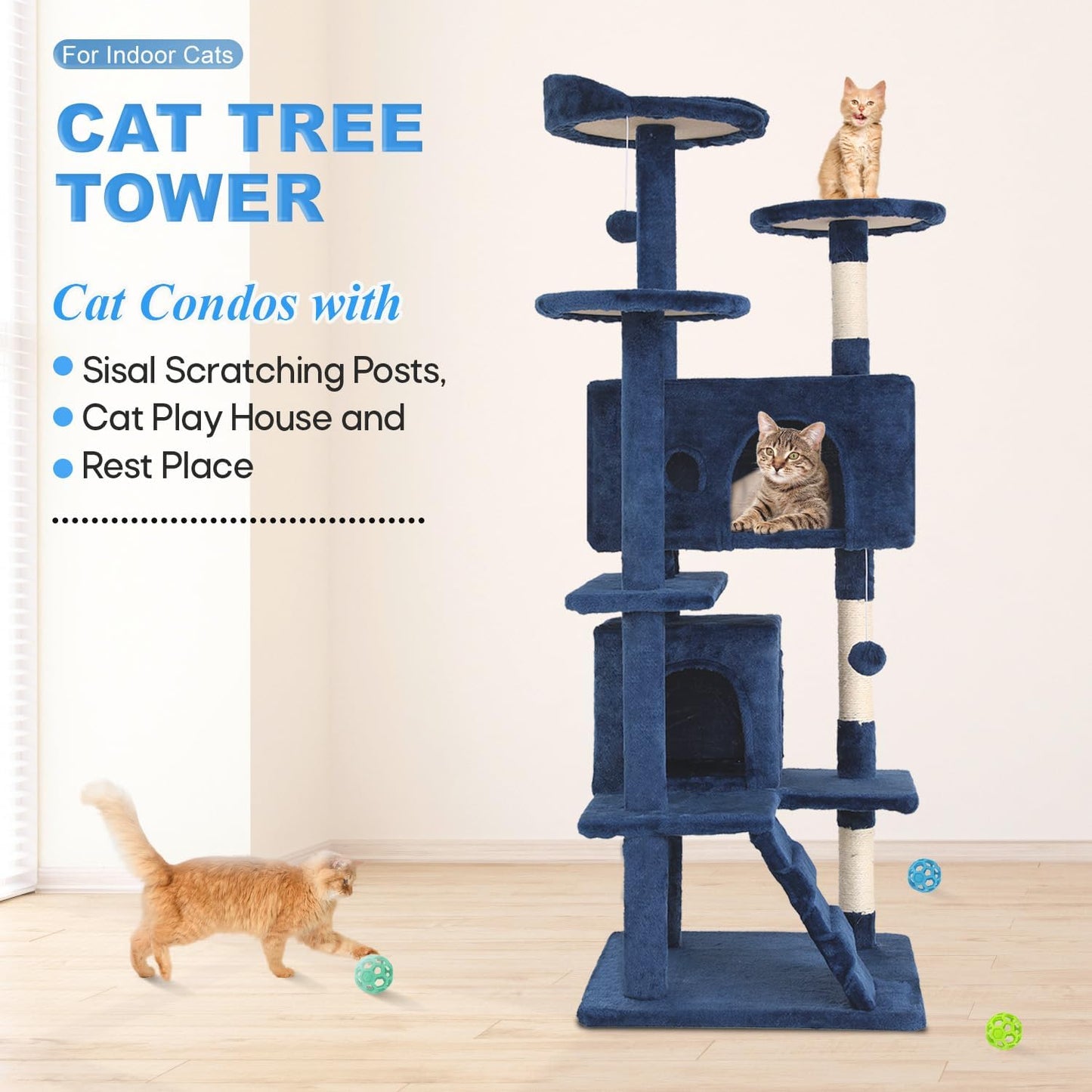 FDW Cat Tree 54in Cat Tower Multi-Level Durable Cat Scratching Post & Cozy Fun Cat Jumping Platform Space Saving Cat Condo Pet Play House for Indoor Cats,Navy Blue