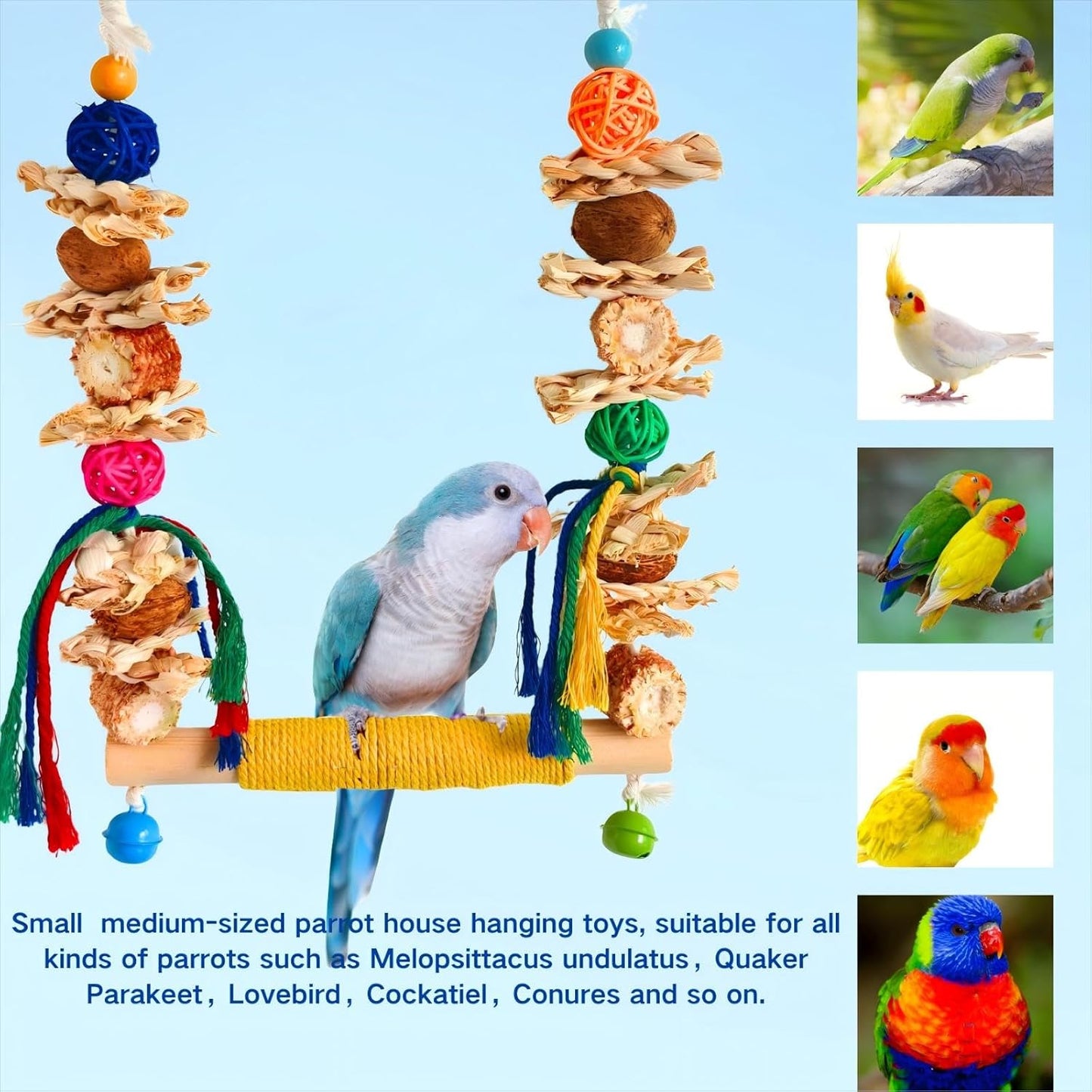 Bird Swings Toys for Parakeets Parrot,Natural Bird Perch Cage Hanging Chew Toys for Conures Budgerigars Finches Parrots Lovebirds and Small Medium Birds