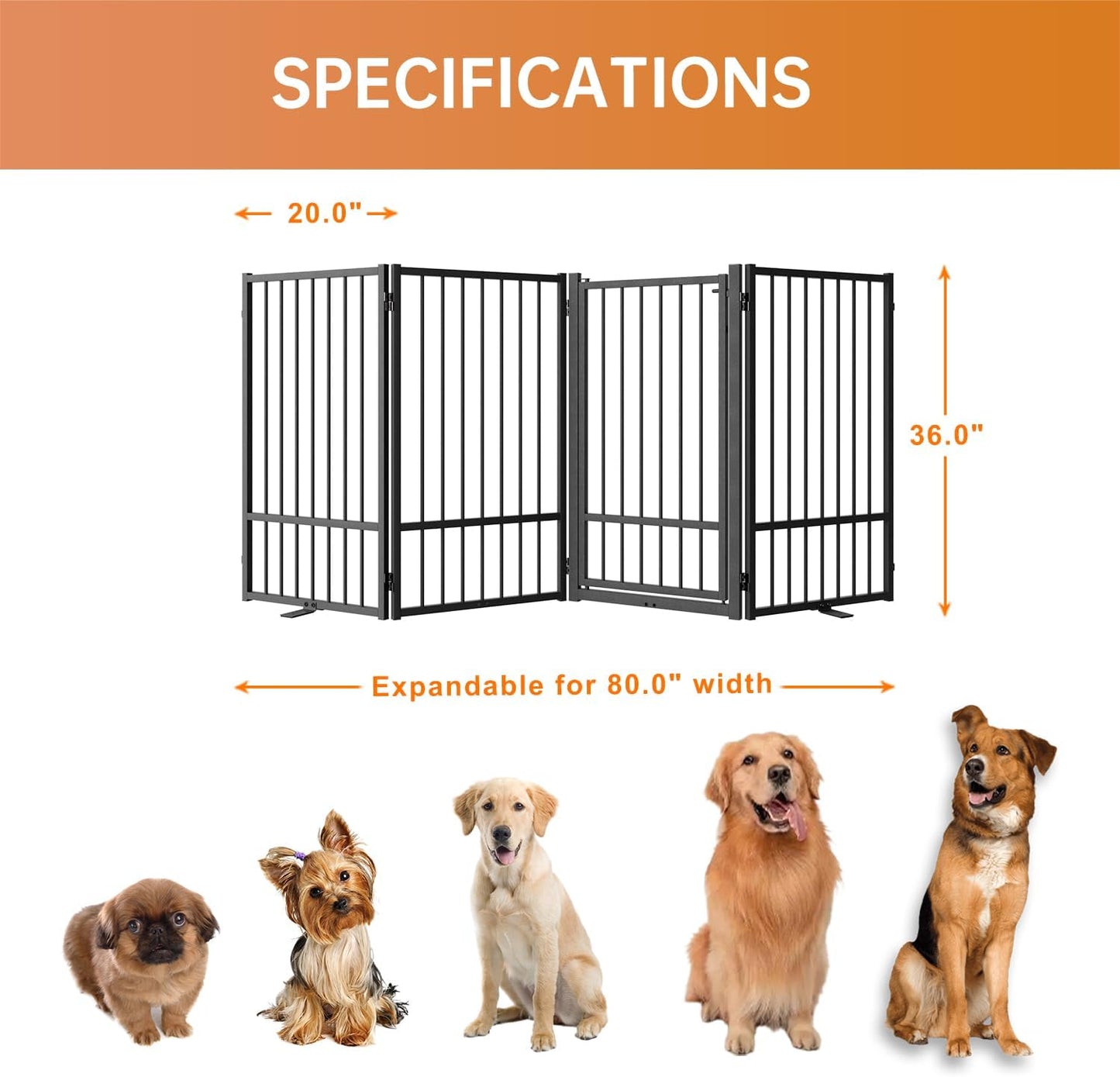 Full Metal Freestanding Dog Gate with Door, 36''Height Foldable Pet Dog Fence for Indoor & Outdoor, 4 Panels Extra Wide Free Standing TallDog Gates for Doorways,House,Stairs,Porch,Deck,Yard