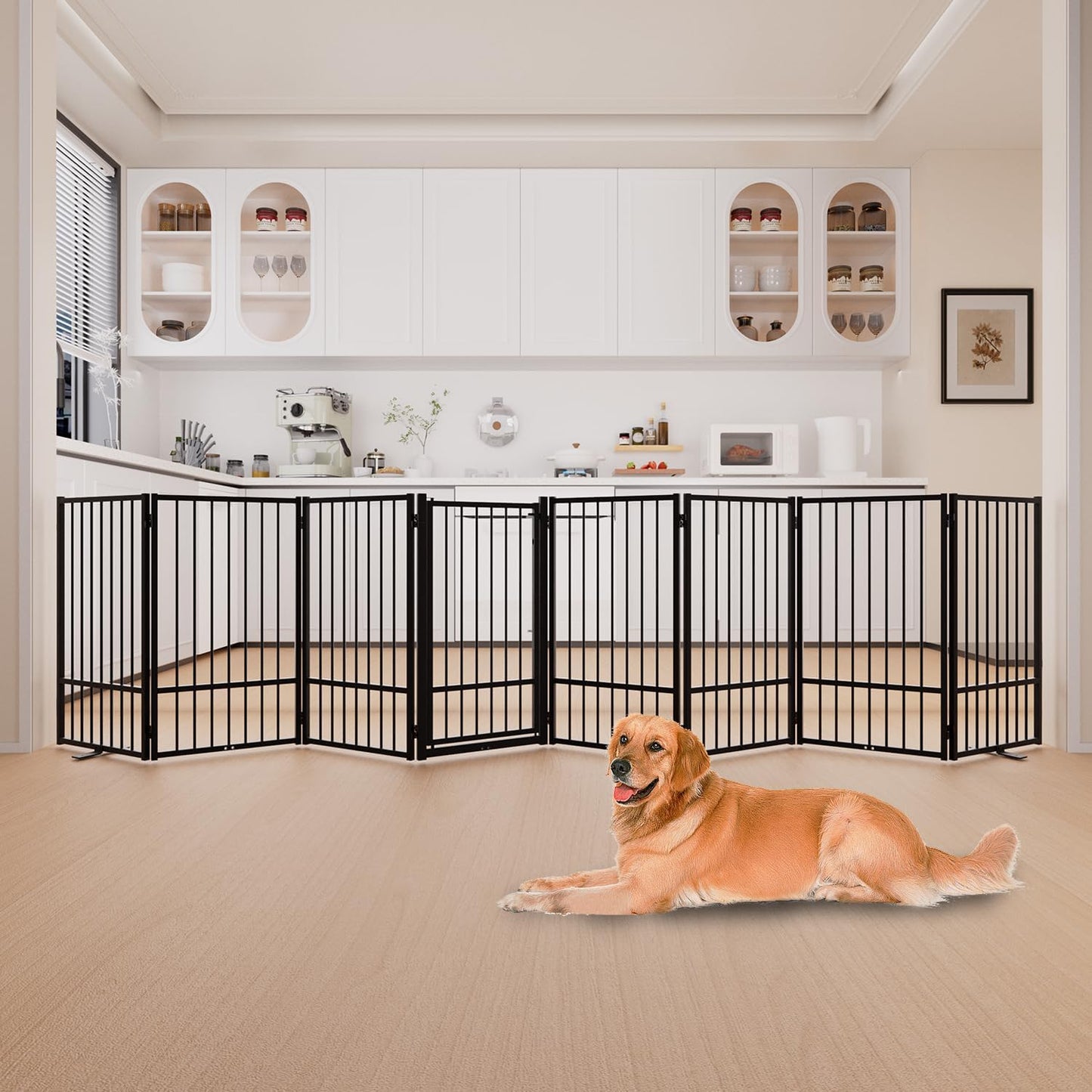 Full Metal Freestanding Dog Gate with Door, 36''Height Foldable Pet Dog Fence for Indoor & Outdoor, 8 Panels Extra Wide Free Standing TallDog Gates for Doorways,House,Stairs,Porch,Deck,Yard