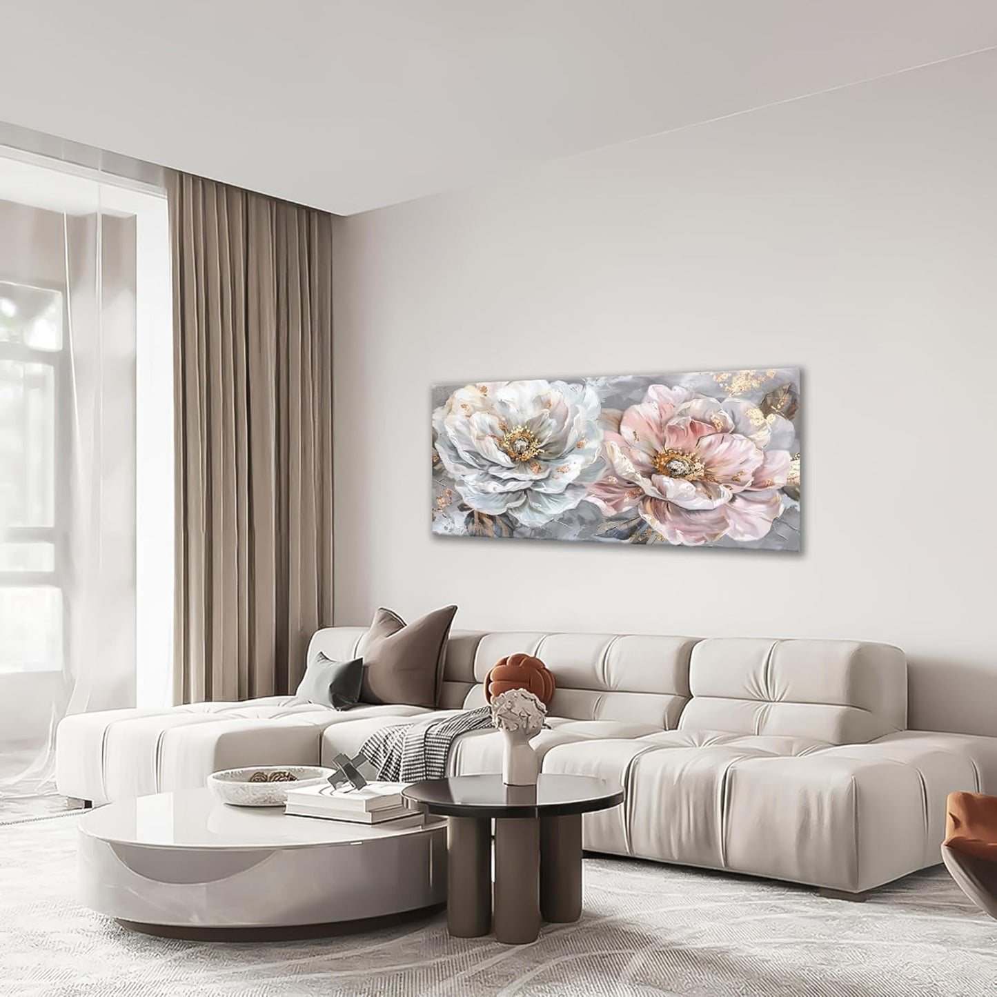 Extra Large Flower Wall Art Pink and White Floral Canvas Living Room Golden Pictures Framed Prints Oversize Wall Decor Big Painting Artwork for Bedroom Dining Office Home 60"x30"