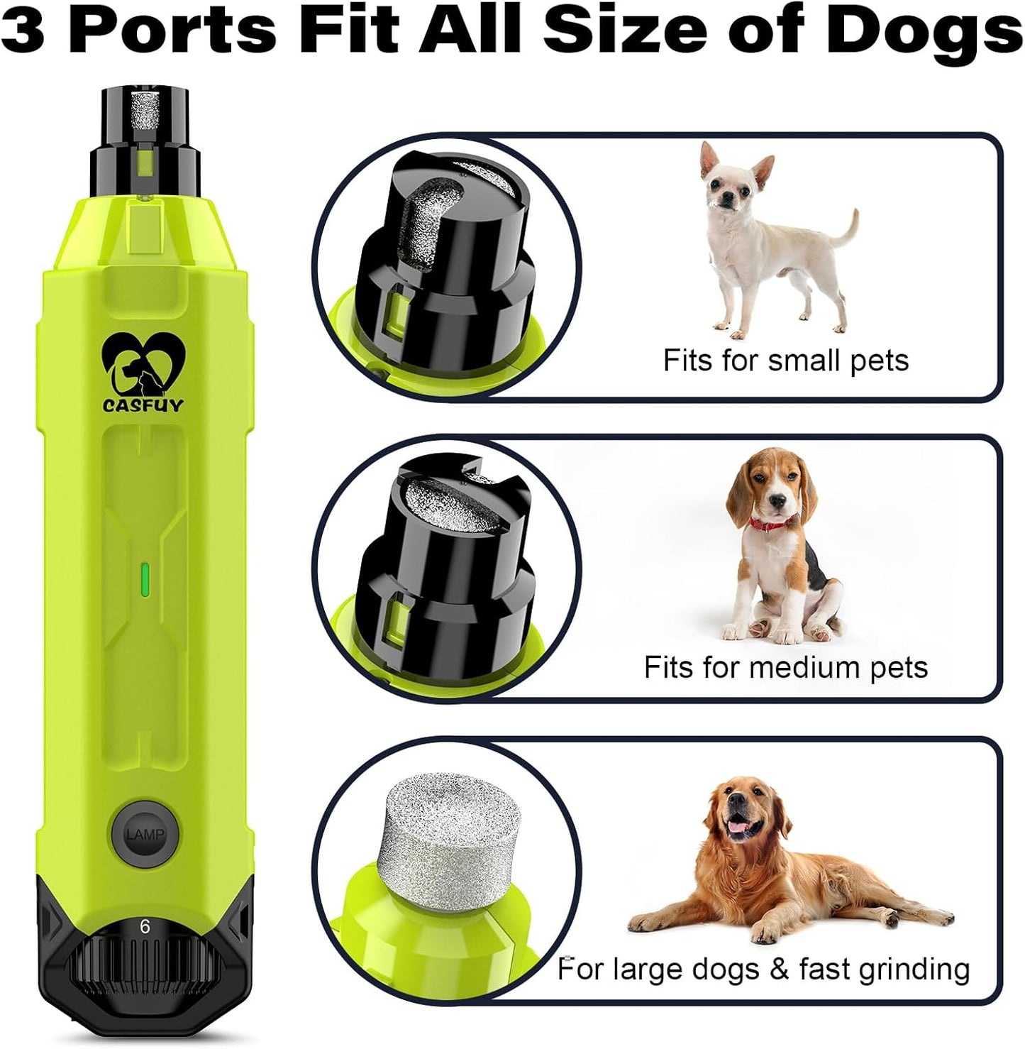 Casfuy 6-Speed Dog Nail Grinder - Newest Enhanced Pet Nail Grinder Super Quiet Rechargeable Electric Dog Nail Trimmer Painless Paws Grooming & Smoothing Tool for Large Medium Small Dogs (Green)