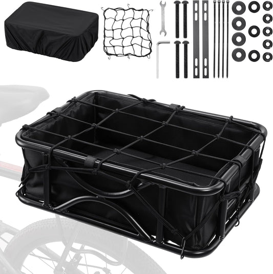 Heavy Duty Rear Bike Basket for Adults, Bicycle Cargo Basket with Removable Liner, Waterproof Cover & Cargo Net, Universal Fit for E-Bike, Mountain Bike, Dog Carrier