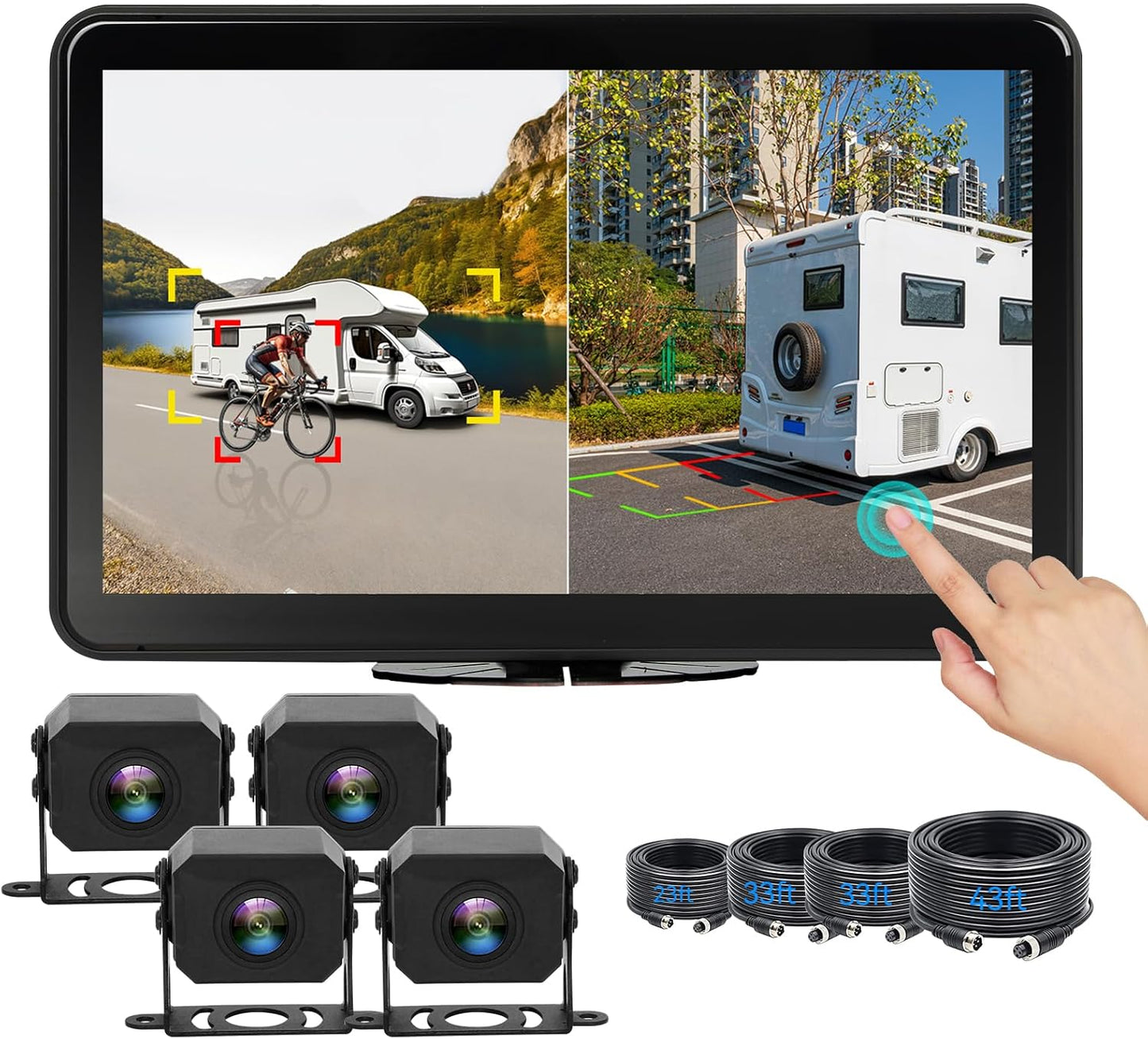 AI 4 Channel Dash Cam 1080P RV Backup Camera System with 10.1 Inch Touch Monitor,Person Detection MDVR Recording with 4pcs IP69K Waterproof Cameras for Truck/Trailer/Camper Van/SUV/Fleet