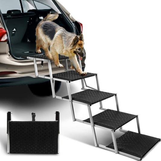 Extra Wide Dog Stairs for Large Dogs,Portable Folding Pet Stairs for Cars,SUV,Trucks,Dog Steps with Non-Slip Surface,Supports Up to 250 lb,5 Steps