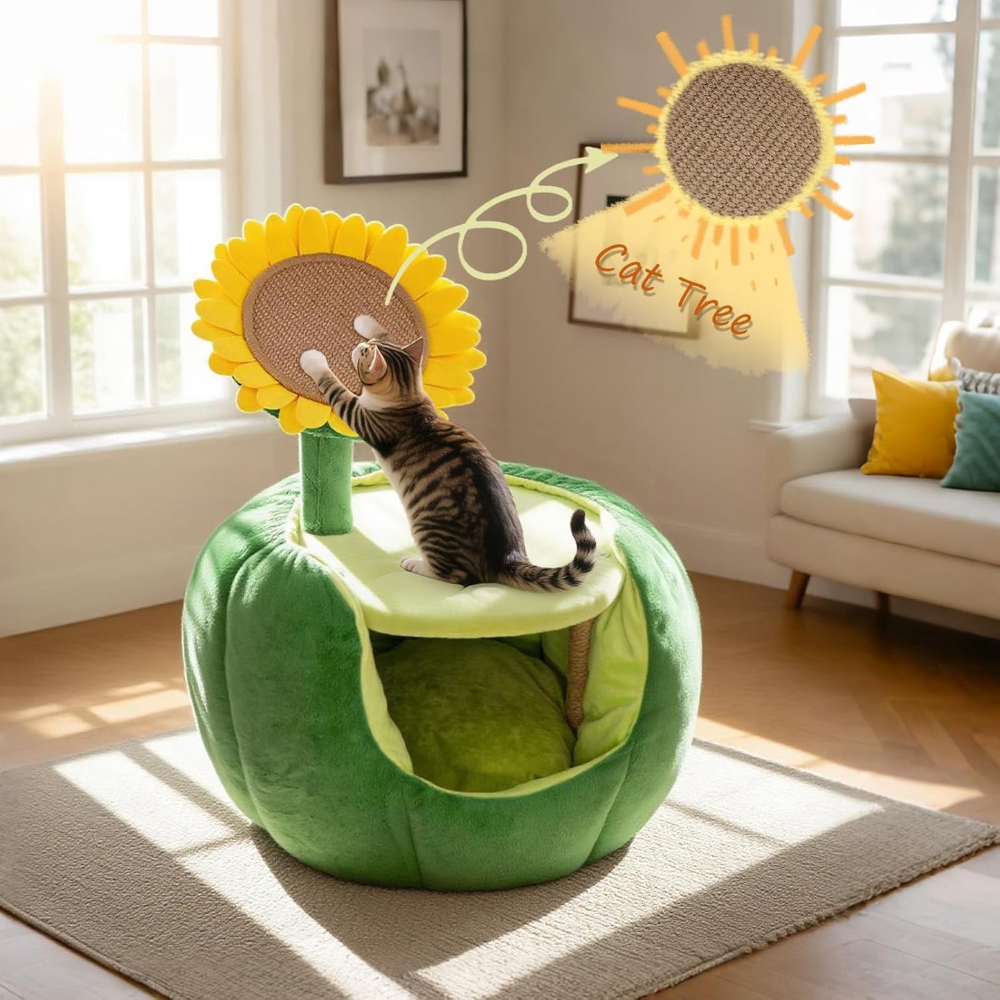 Cat Houses for Indoor Cats, Small Cat Tree with Sisal Mat and Plush Perch, Cute Cat Bed Cave with Soft Pillow, Sunflower Design