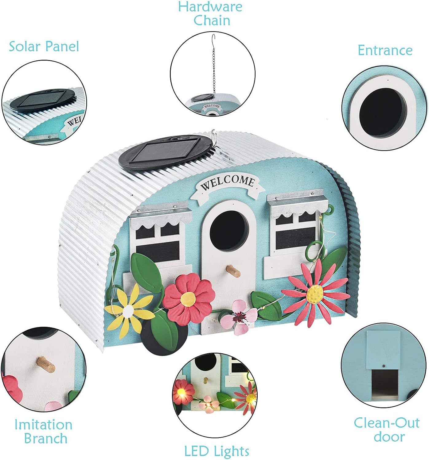 BAYN Bird Houses for Outside Decorative with 10 LEDs Solar String Lights Humming Bird Houses for Outside Hanging Handwork Bird Nest Garden Decor Outdoor