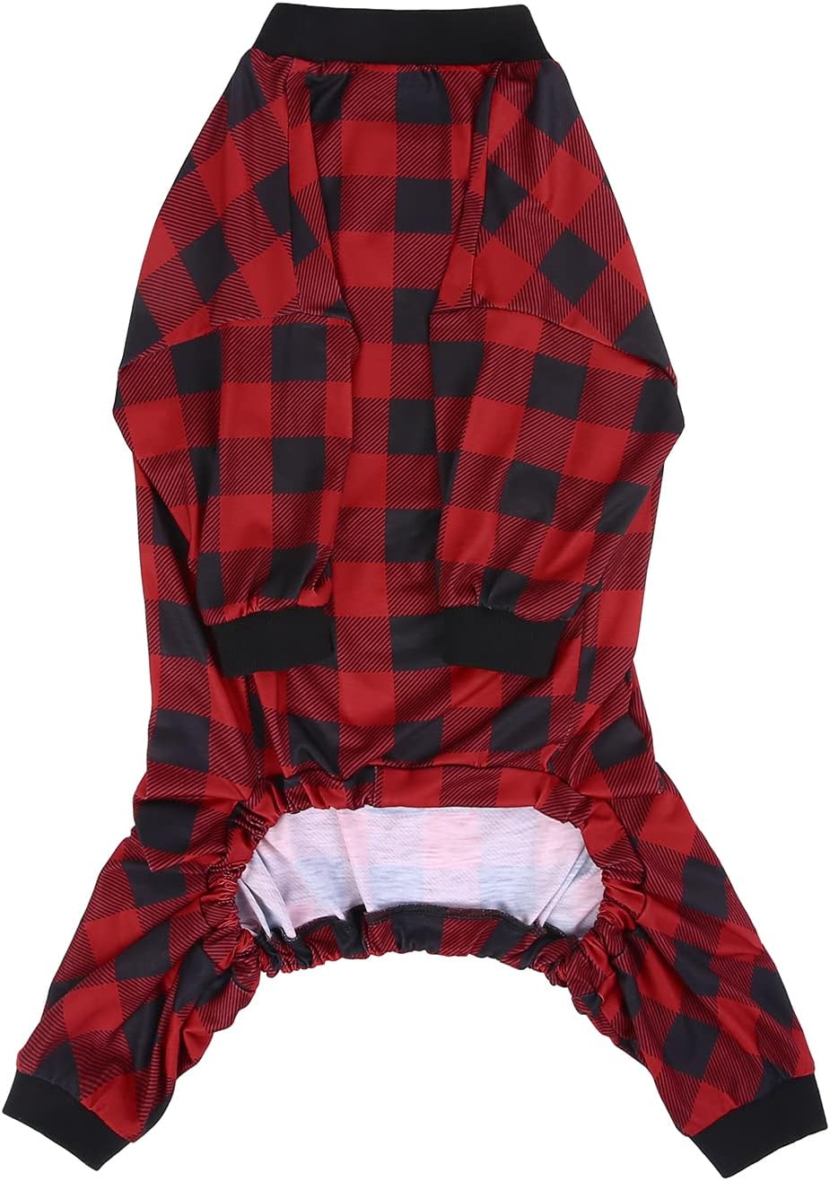 HDE Dog Pajamas One Piece Jammies Jumpsuit Pet Clothes Outfit Stretchy Lightweight Comfy Shirt Pjs for M-3XL Dogs Buffalo Plaid - XXL