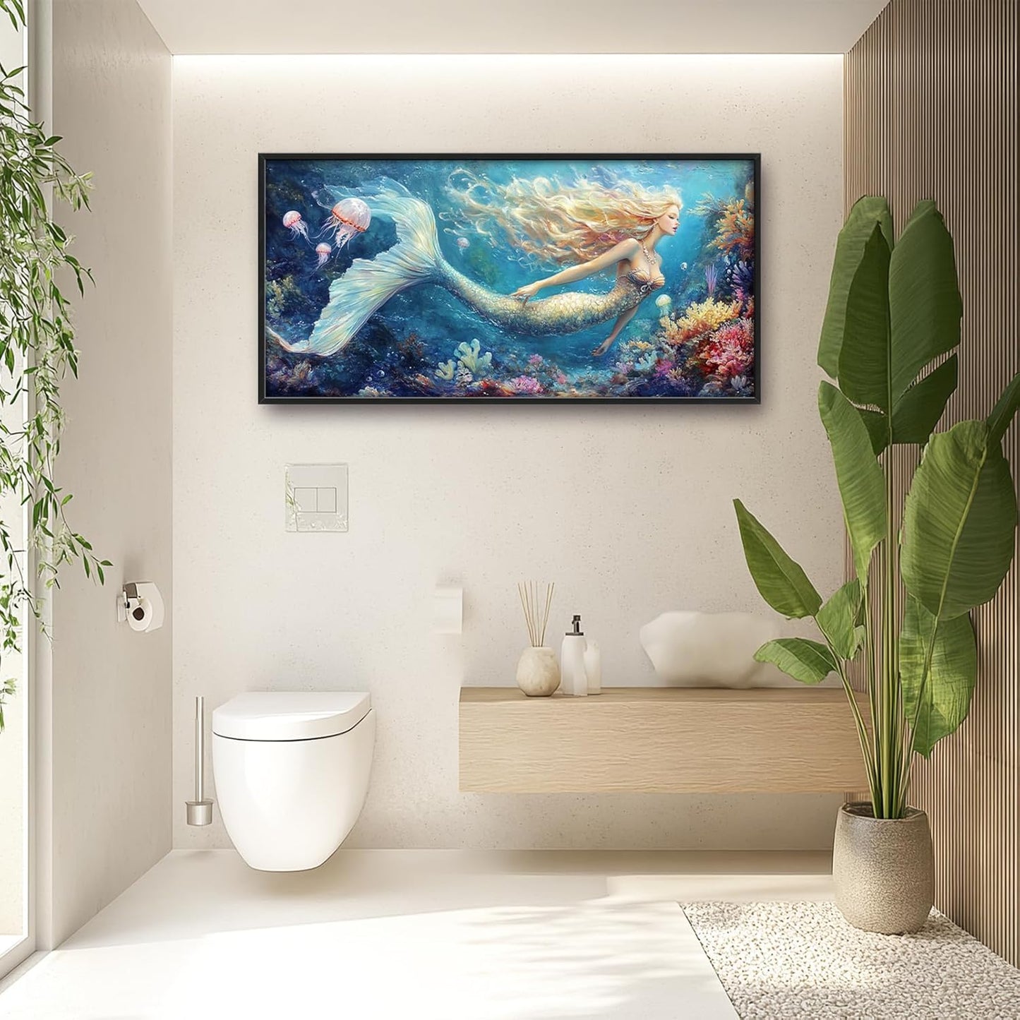 Extra Large Framed Mermaid Wall Art,Oversized Undersea Ocean Wall Decor,Colorful Coral Reefs Pictures for Living Room,Elegant Canvas Print Painting Modern Artwork Bedroom Bathroom 60L x 30W