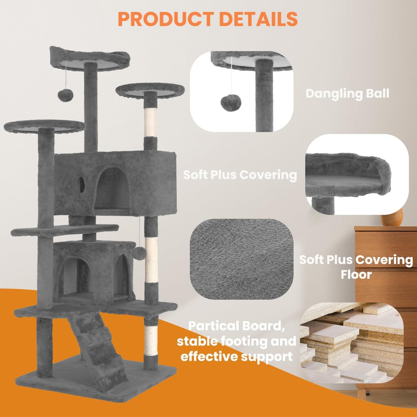 54.7 Inches Cat Tower for Indoor Cats, Multi-Level Cat Condos with Scratching Posts, Hanging Toys, Light Gray