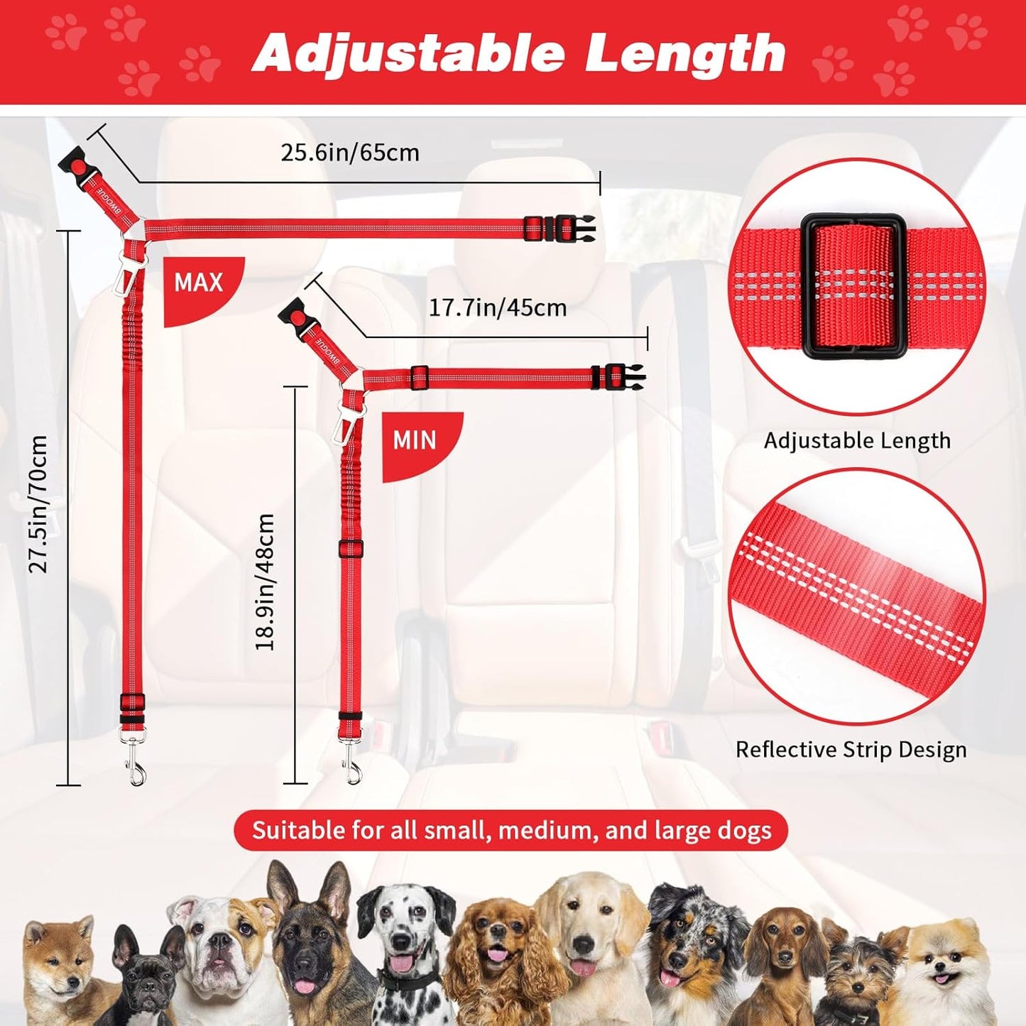 BWOGUE Pet Dog Cat Seat Belt Reflective Car Dog Headrest Restraint Leash Elastic Buffer Bungee Adjustable Tangle-Free Safety Leads Vehicle Seatbelt Harness for Small, Medium and Large Dogs (1 Pack)