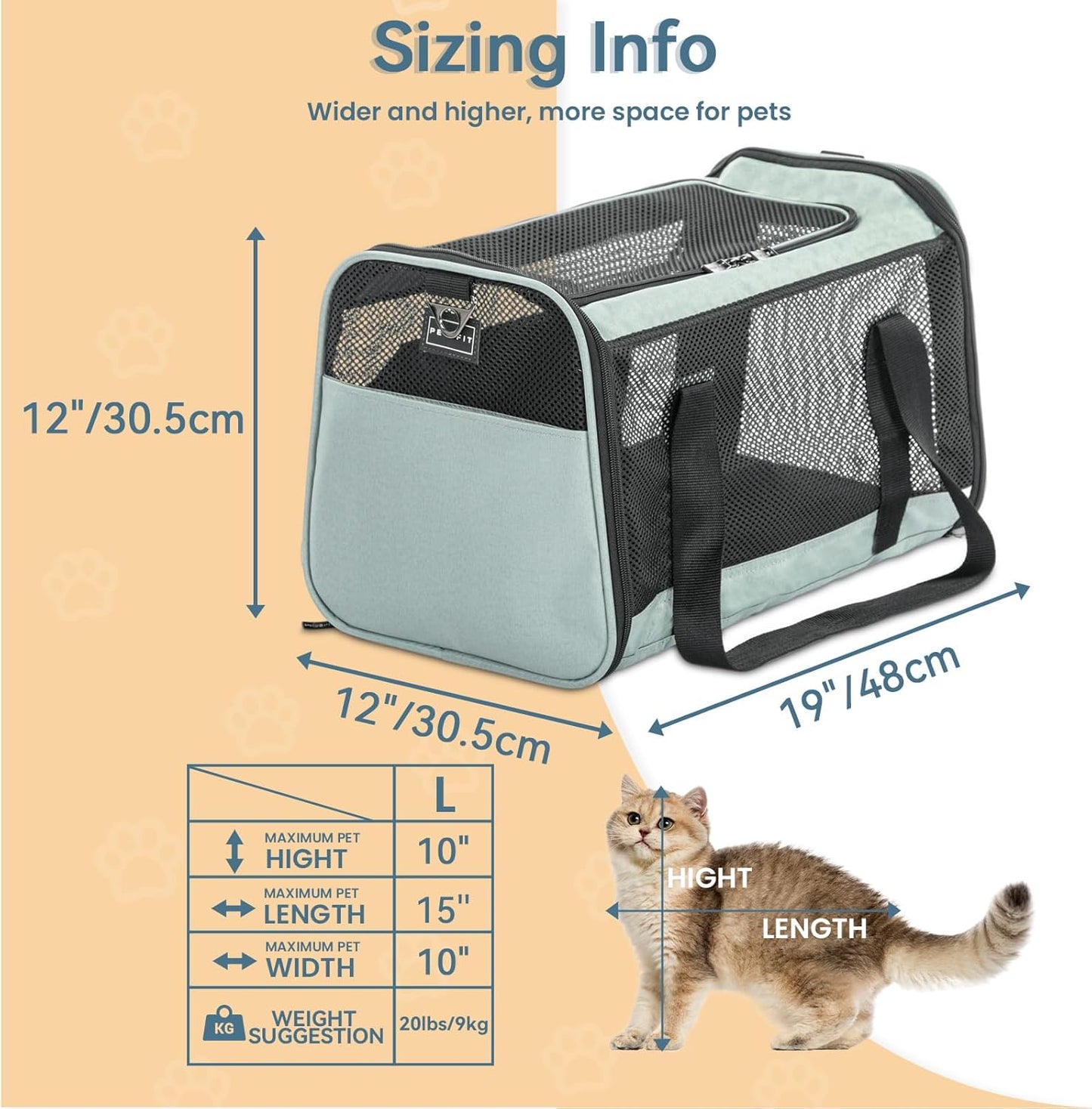 Petsfit Cat Carrier Dog Carrier, Large Capacity Lightweight Soft-Sided Pet Carrier for Travel, with Adjustable Shoulder Strap, Auto Locking Zipper Head and Washable Fleece Pad