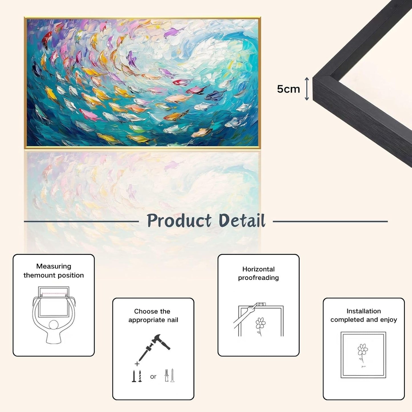 Fish Canvas Wall Art, Abstract School of Fish Canvas Wall Art, School of Fish Painting Canvas, School of Fish Wall Art, Fish Wall Decor, Fish Pictures Wall Decor, Bedroom Canvas Wall Decor (Gold Framed, 48"x27" | 122x68cm)