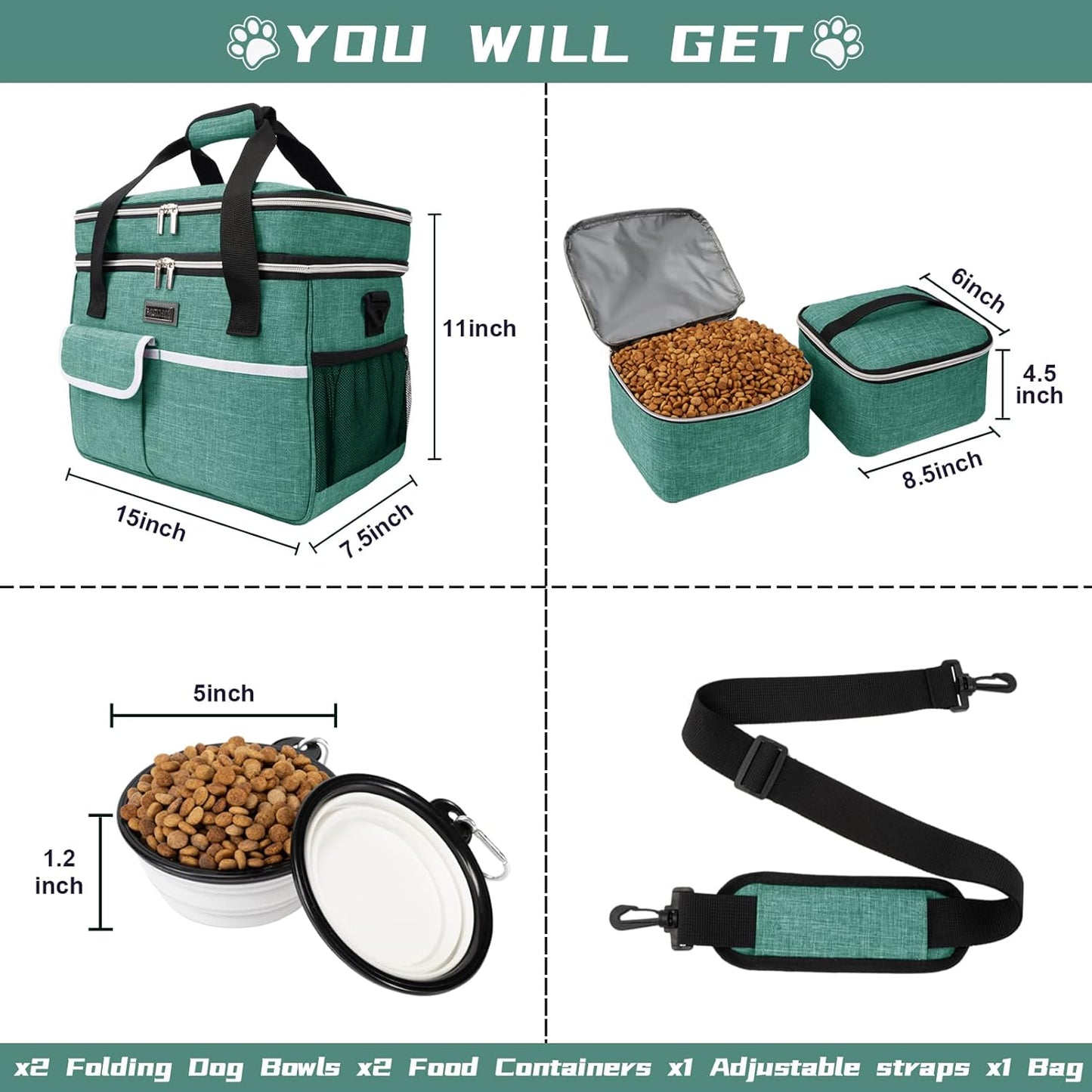 BAGLHER Dog Travel Bag for Supplies - Double-Layer Airline Approved Weekend Pet Travel Organizer Set for Dog and Cat Tote with 2 Pet Food Containers and 2 Collapsible Silicone Bowls Green