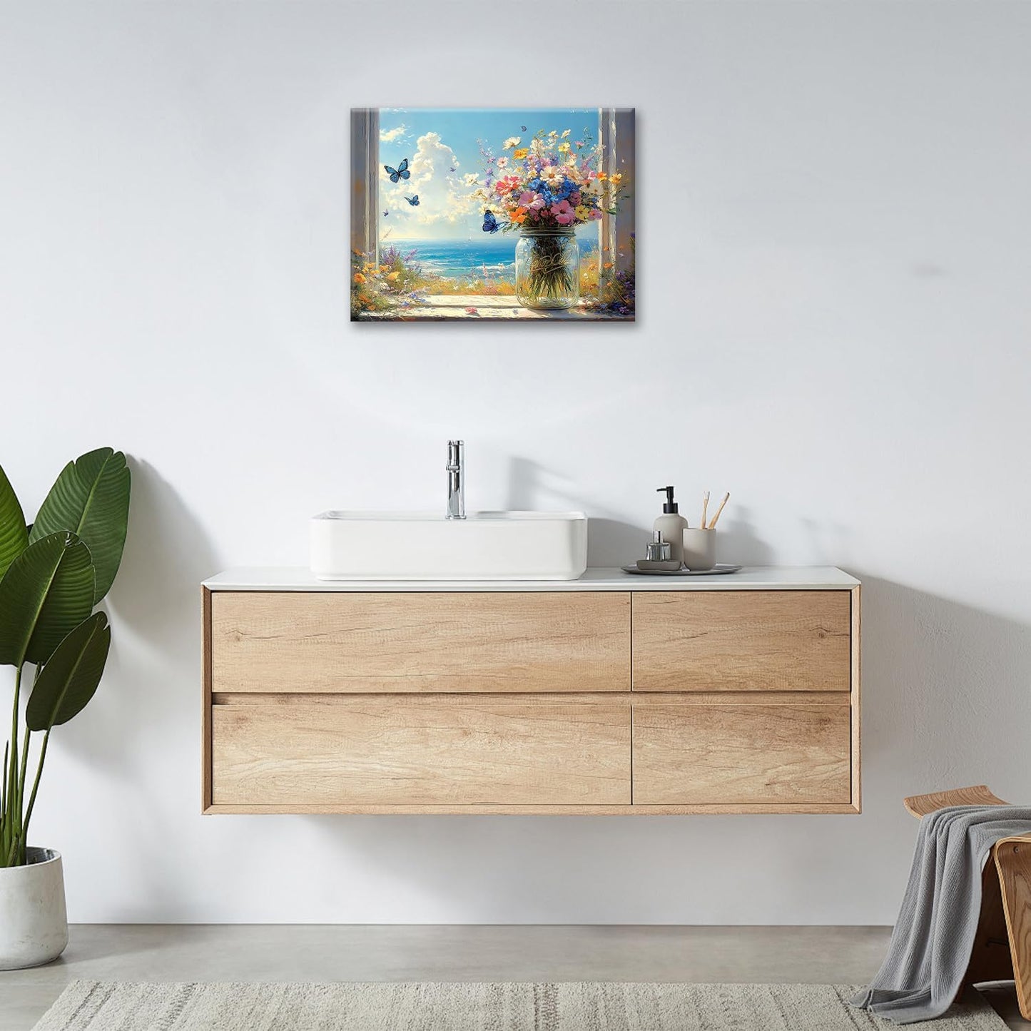 Beach Floral Bathroom Pictures Wall Art, Colorful Flower Bathroom Wall Decor, Coastal Ocean Framed Painting Canvas Artwork for Bedroom Living Room Decorations 16"L x 12"W