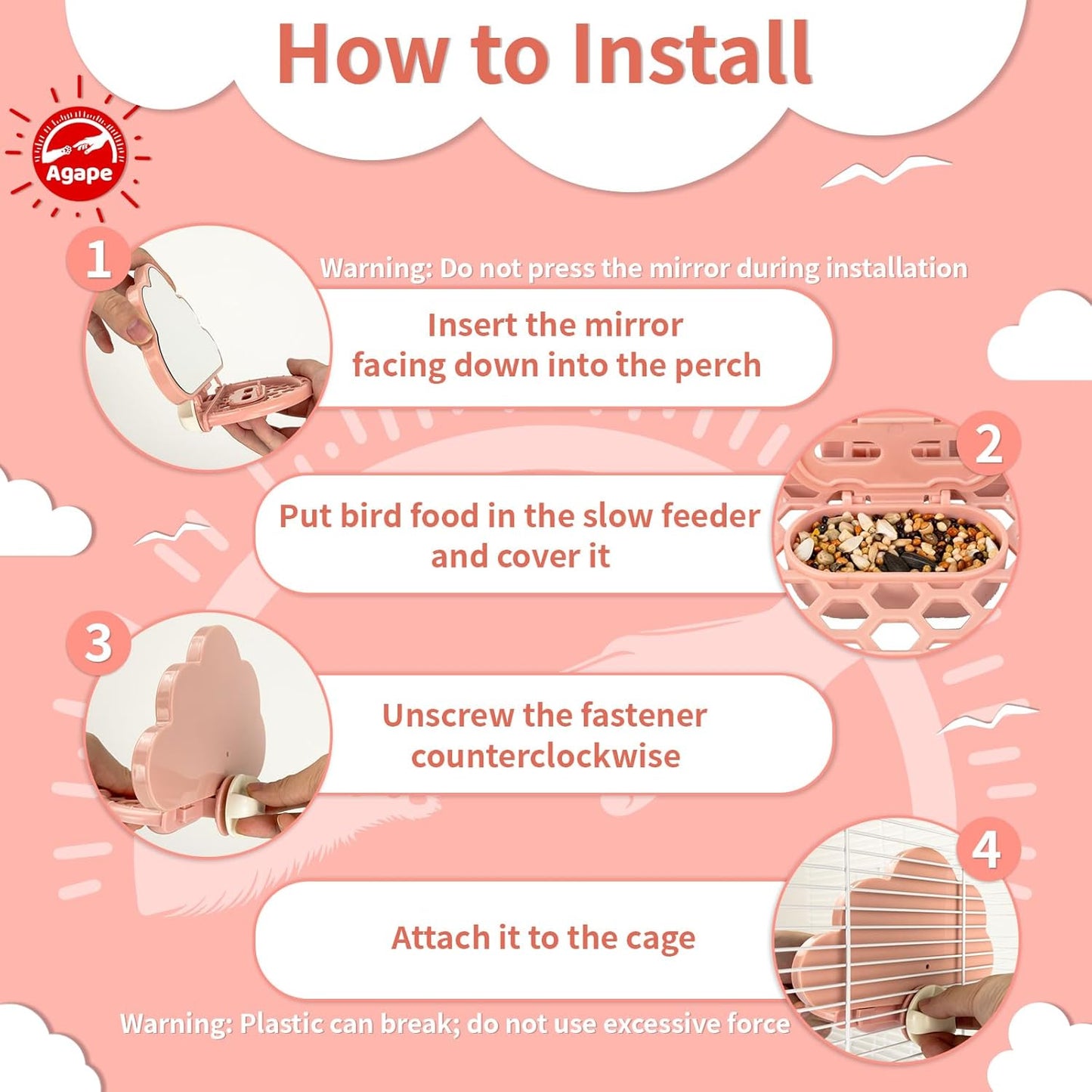 Agape Bird Mirror for Cage， Bird Toys with Perch and Slow Feeder to Expend Energy, Small Parrot Swing, Interactive Toys for Cockatiel, Lovebird, Parakeet, Conure, Finch, and Budgies