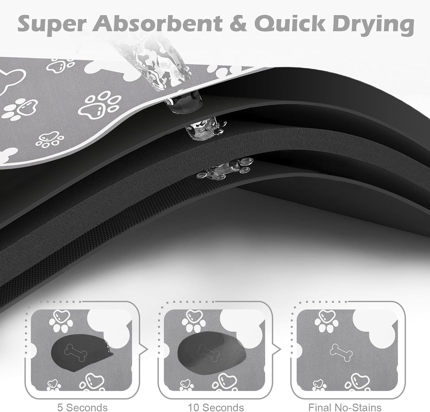 Dog Cat Food Mat,Rapid Absorbent Pet Feeding Mat, Bone Shaped Dog Placemat Water Bowl Mat with Rubber Backing,No Stains Dog Cat Food Mats Indoor, Pet Accessories Supplies 16"×24" Grey