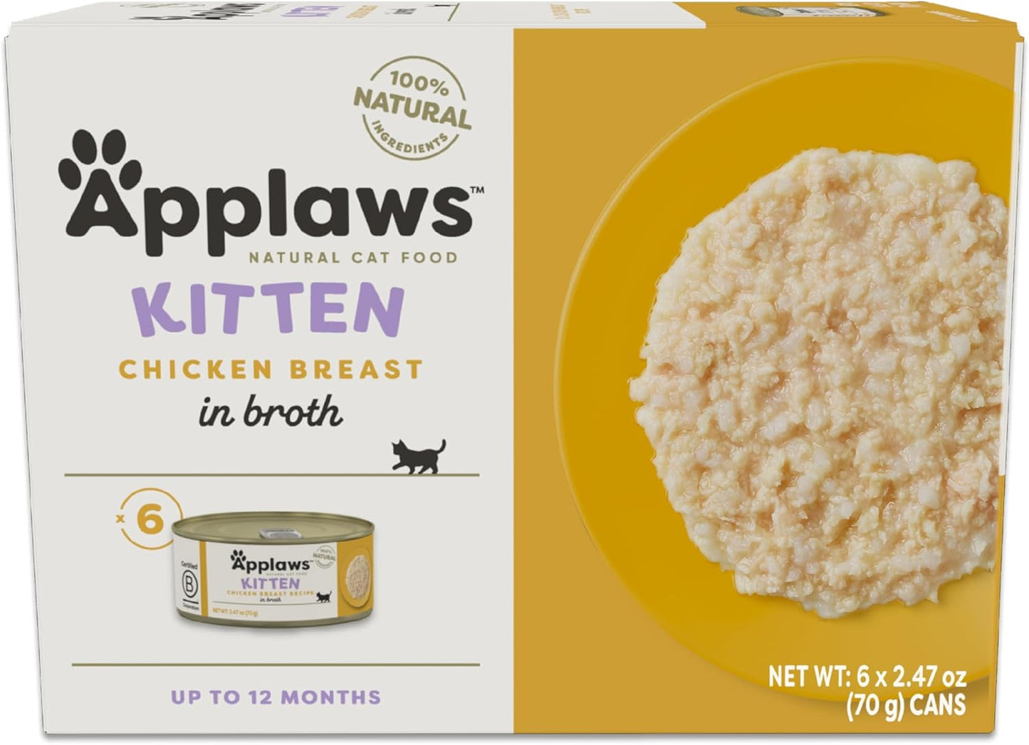 Applaws Natural Wet Kitten Food in Broth, Limited Ingredient Canned Wet Kitten Food, No Additives, Made with Natural Ingredients, Chicken Breast in Broth (6 x 2.47oz Cans)