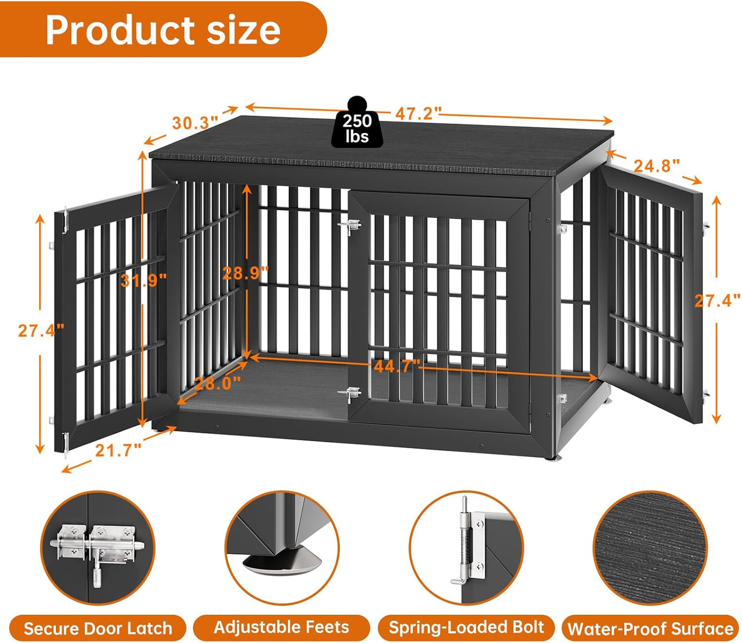 48" Heavy Duty Dog Crate Furniture for Small,Medium and Large Dogs,Rustic Wooden Dog Cage Kennel Indoor Furniture with Waterproof Top,Decorative Pet House Side End Table (Black)