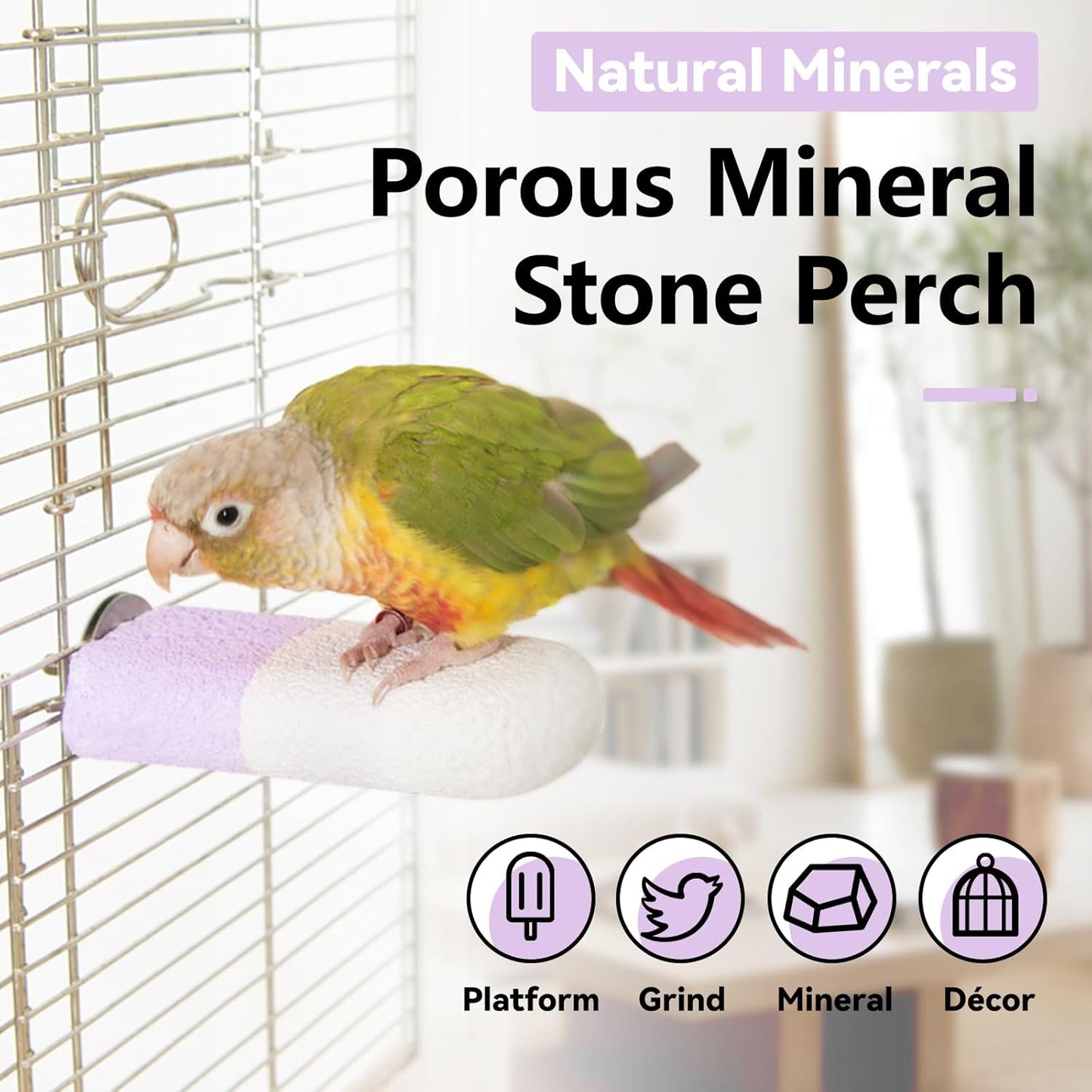 Natural Mineral Bird Perch for Cage Parrot Perch Platform for Beak Grinding Claw Trimming & Chewing Chew Toy for Parakeets Cockatiels Conures Birds Cage Accessories (Gradient Purple, 4.7")