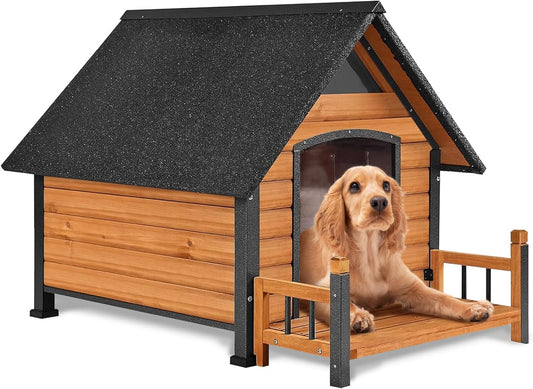 AIVITUVIN Dog House Outdoor Anti-Bite Metal Frame Design Wooden Dog Kennel Outside with Elevated Floor Weatherproof (Brown, 45" D x 32.9" W x 32.6" H)