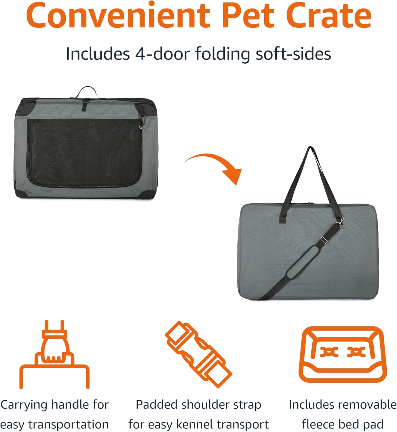 Amazon Basics 4-Doors Portable Soft-Sided Folding Travel Crate Kennel for cat, Dog, and Other Small Animals, Grey, M 30" x 21" x 21"