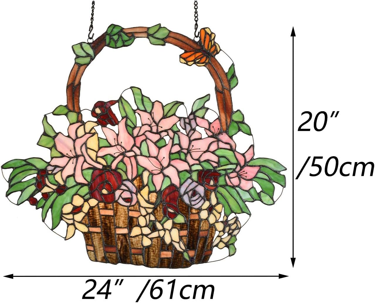 Bieye W10037 Lily and Rose Flower Gaily Decorated Basket Tiffany Style Stained Glass Window Panel with Chain, 24" W x 20" H