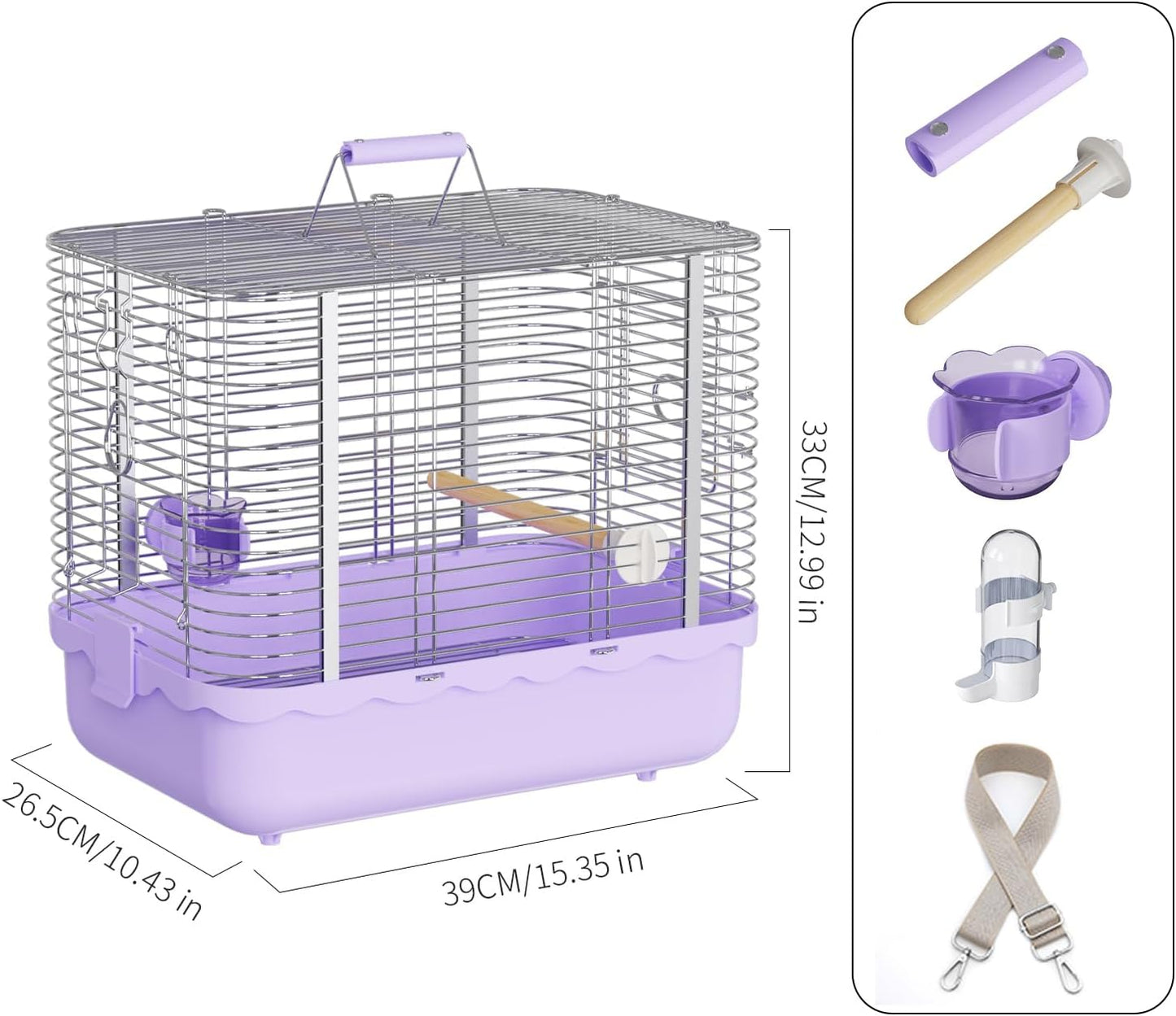Bird Carrier Travel Cage, Durable Portable Stainless Steel Birdcage with Bird Perch & Feeding Bowl for Parrots Canaries Budgies Lovebirds Conures Cockatiels (Large Purple)