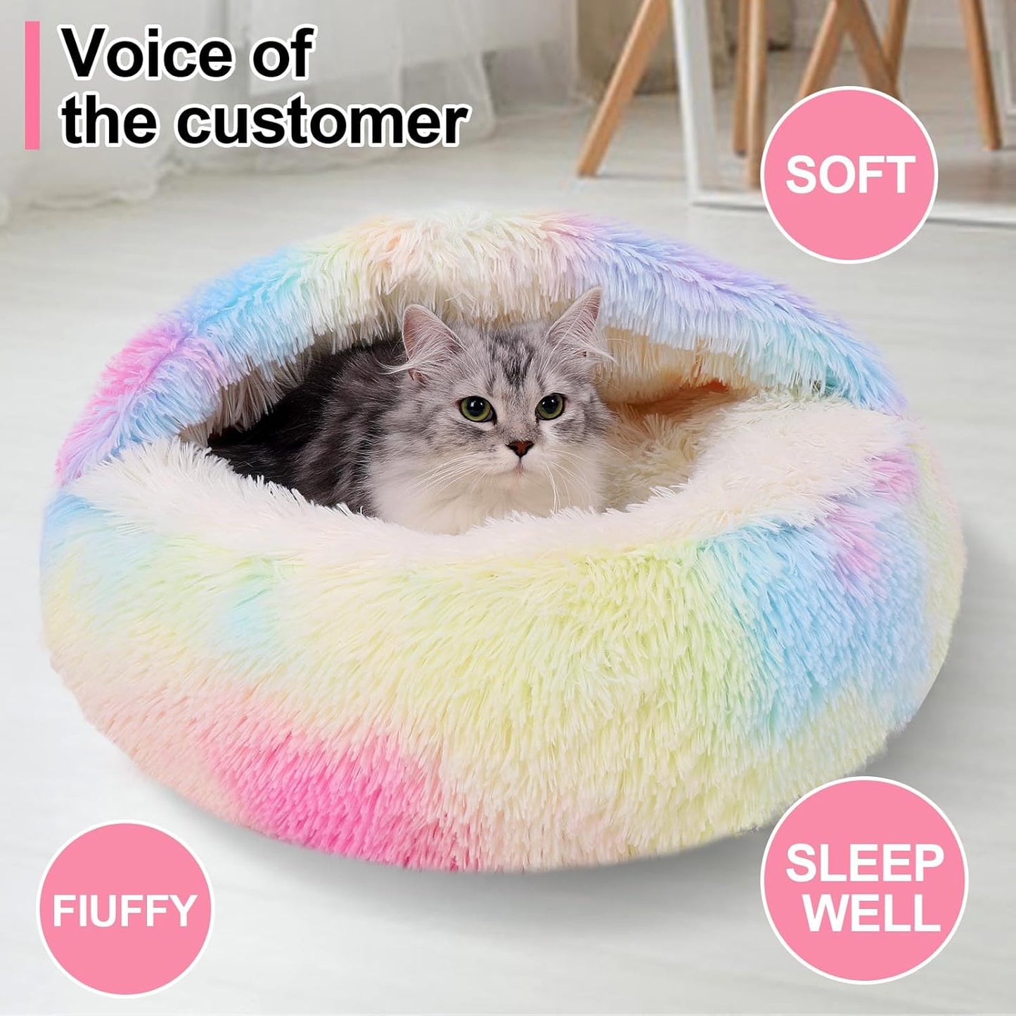 Calming Dog Beds & Cat Cave Bed with Hooded Cover,Removable Washable Round Beds for Small Medium Pets,Anti-Slip Faux Fur Fluffy Coved Bed for Improved Sleep,Fits up to 15/25 lbs(Colorful,M)
