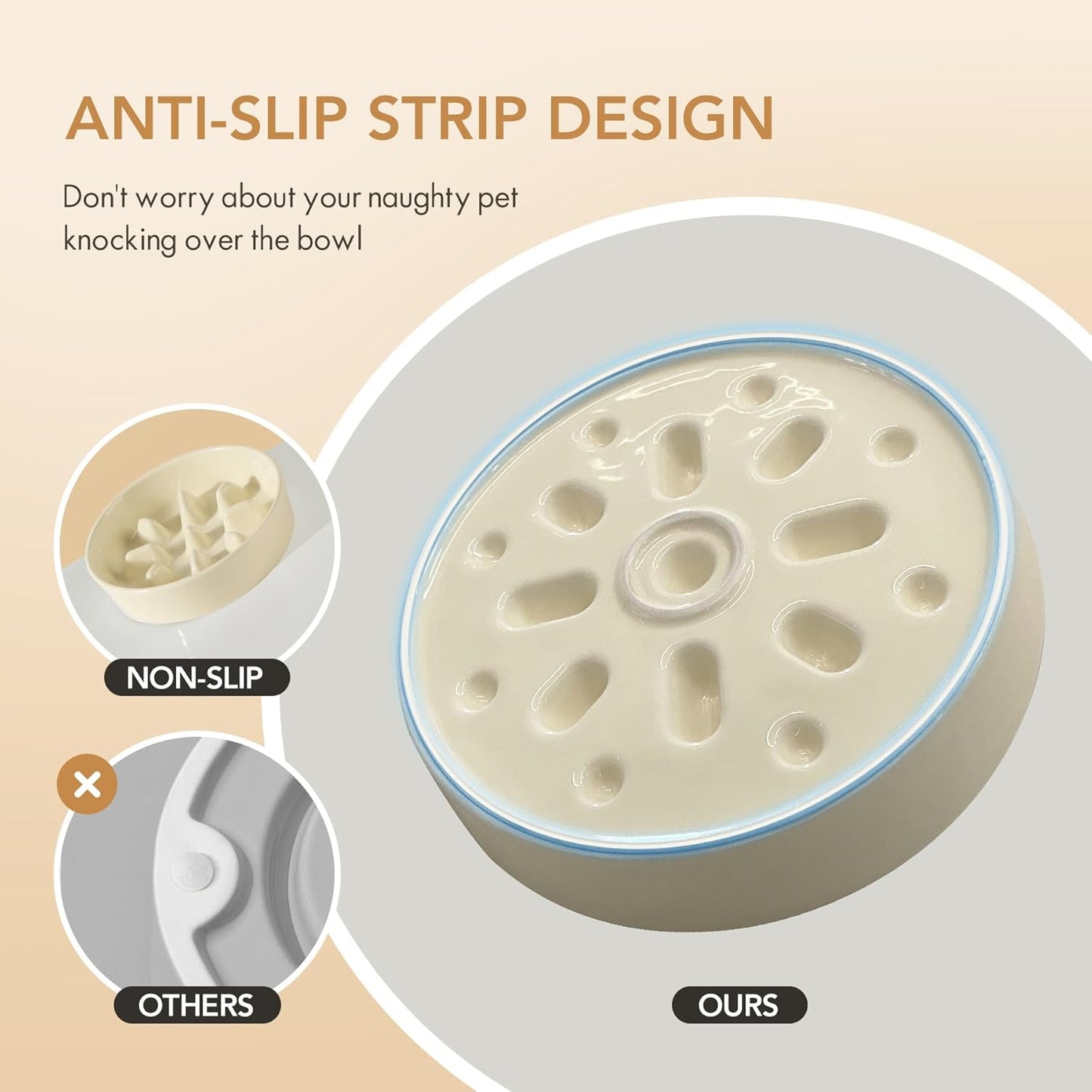 6.1inch Ceramic Dog Raised Slow Feeder Set, Elevated Bowl with Wooden Stand for Small Dog, Pet Slow Feeder Dish for Fast Easters, Preventing Choking (Beige, Single Bowl+ Stand)